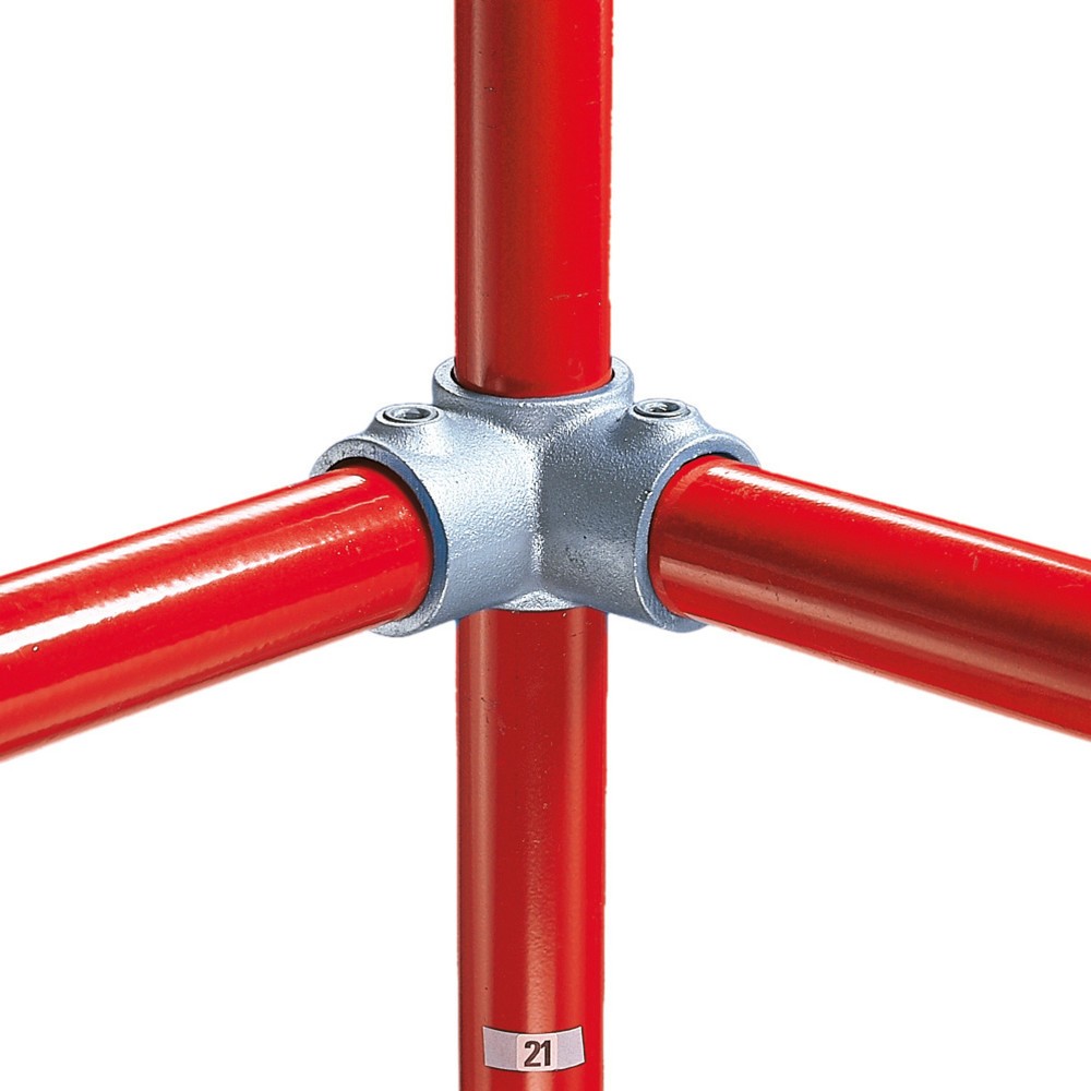 Image of Demontierbarer 90°-Eckverbinder mit Durchgang für ein Kee Klamp® Rohrverbindersystem Mit dieser steckbaren Rohrleitungsverbindung klemmen Sie Rohre fest aneinander und sorgen so für ausreichend Stabilität. Das System ist zum Stecken und Schrauben geeignet