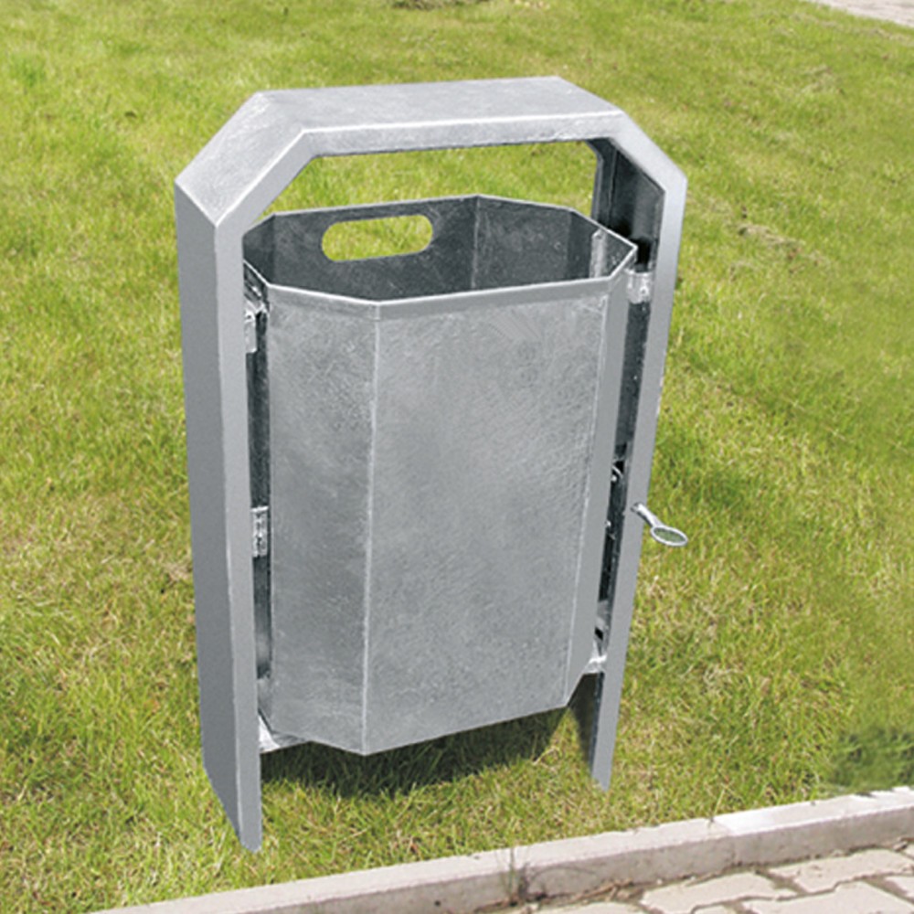 Image of Robuster Stahl-Abfallbehälter für Aussenflächen Dieser robuste Stahl-Mülleimer mit 40 l Fassungsvermögen findet im Aussenbereich Anwendung. Am Abfalleimer befindet sich eine Vorrichtung, die es ihnen erleichtert, den Behälter sicher zu betonieren. Mit dem