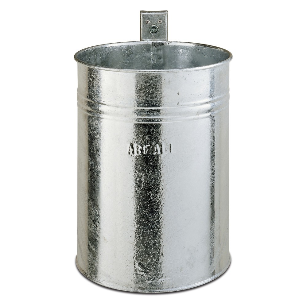 Image of Abfallbehälter zur Wandbefestigung im Aussenbereich Der Abfallbehälter aus Stahl, rund, Wandmontage eignet sich wegen des feuerverzinkten Stahlblechs optimal für den Aussenbereich. Der Abfallbehälter ist durch eine Befestigungsschiene an der Wand anzubrin