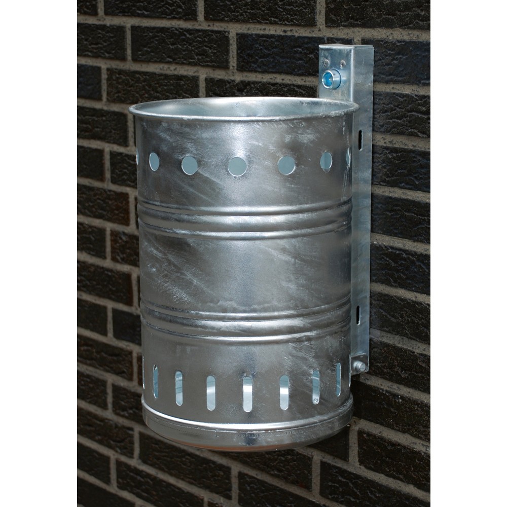 Image of Abfallbehälter zur Wandbefestigung im Aussenbereich Der Abfallbehälter aus Stahl, rund, Wandmontage eignet sich wegen des feuerverzinkten Stahlblechs optimal für den Aussenbereich. Der Abfallbehälter ist durch eine Befestigungsschiene an der Wand anzubrin