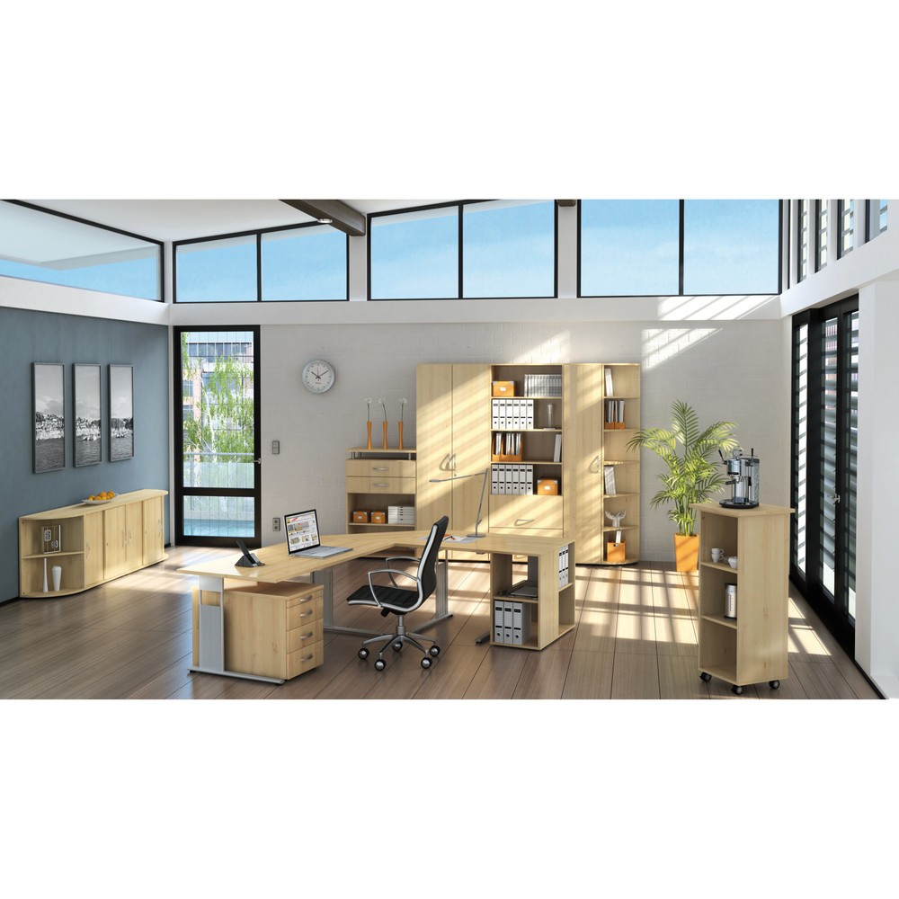 Image of  Masse H x B x T mm: 1808 x 800 x 400; Rückwand Stärke mm: 3; Einlegeböden verstellbar im Rasten von mm: 32; Farbe: BucheAktenregal Lissabon, 3 Ordnerhöhen, 2 Schubladen, lichtgrau Aktenregal Lissabon, 3 Ordnerhöhen, 2 Schubladen, lichtgrau