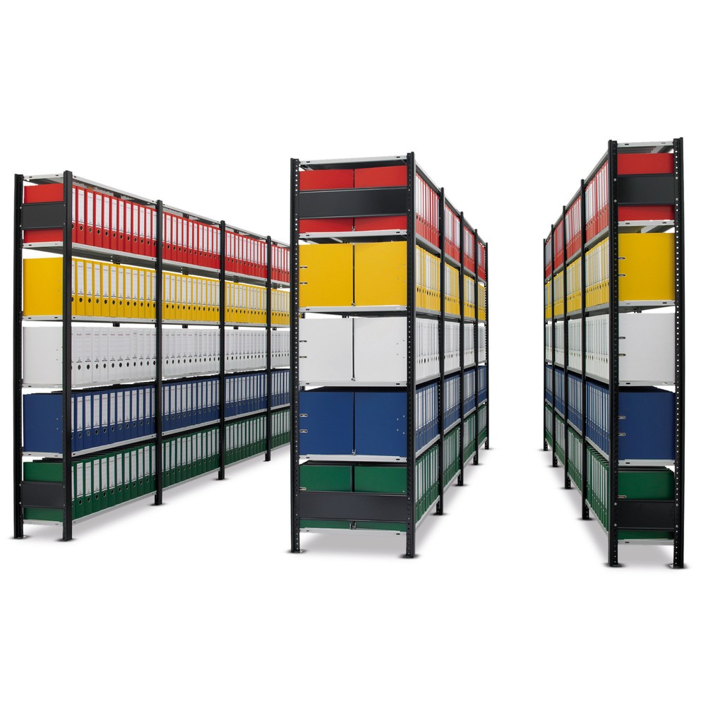 Image of Schaffen Sie sich Ihr individuelles Aktenregale-Stecksystem mit dem Anbaufeld mit Mittelanschlägen Das Anpassen Ihres Regalsystems gestaltet sich ganz einfach: Je nach Grundfeld wählen Sie das für Ihren Anforderungen passende Anbaufeld aus. Die Regale wer