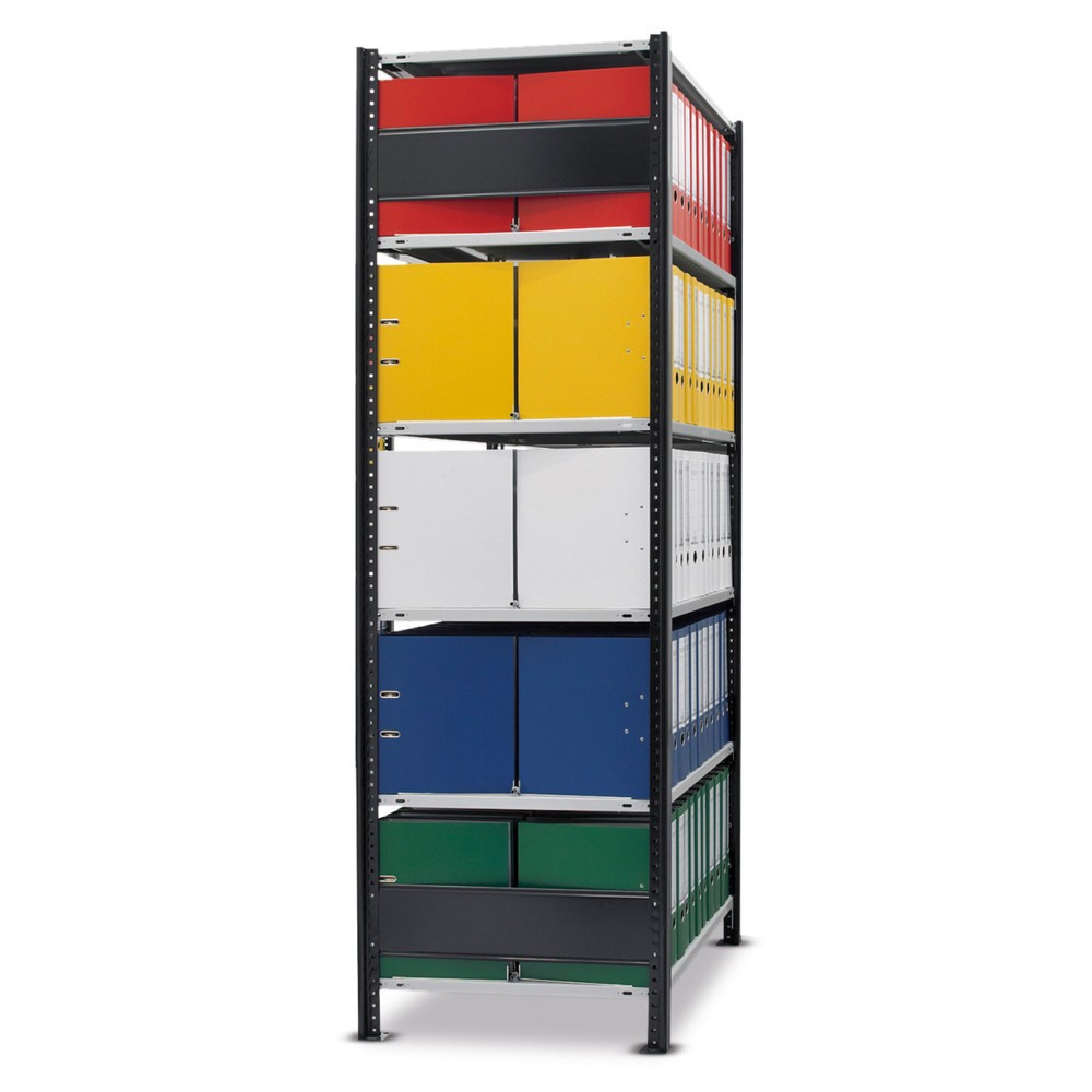 Image of Ihr individuelles Aktenregale Stecksystem mit dem Grundfeld mit Mittelanschlägen Das Anpassen an Ihre Büro- oder Archivräume gestaltet sich ganz einfach: Wählen Sie aus verschiedenen Regalbreiten das passende Modell aus und kombinieren Sie unterschiedlich