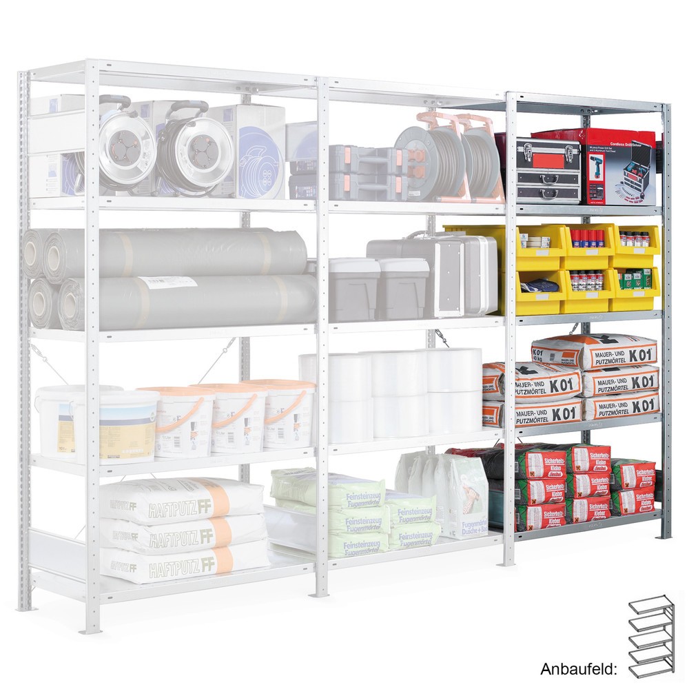 Image of  Masse mm: 2000 x 1000 x 400; Fachlast 250 kg: z.B. für Kanister, Folienrollen, Kabelgebinde etc.; Kantenhöhe mm: 40Anbaufeld für Komplettpaket Fachbodenregal SCHULTE Stecksystem, FL 250 kg, HxBxT 2.000 x 1.000 x 400 mm Anbaufeld für Komplettpaket Fachbod