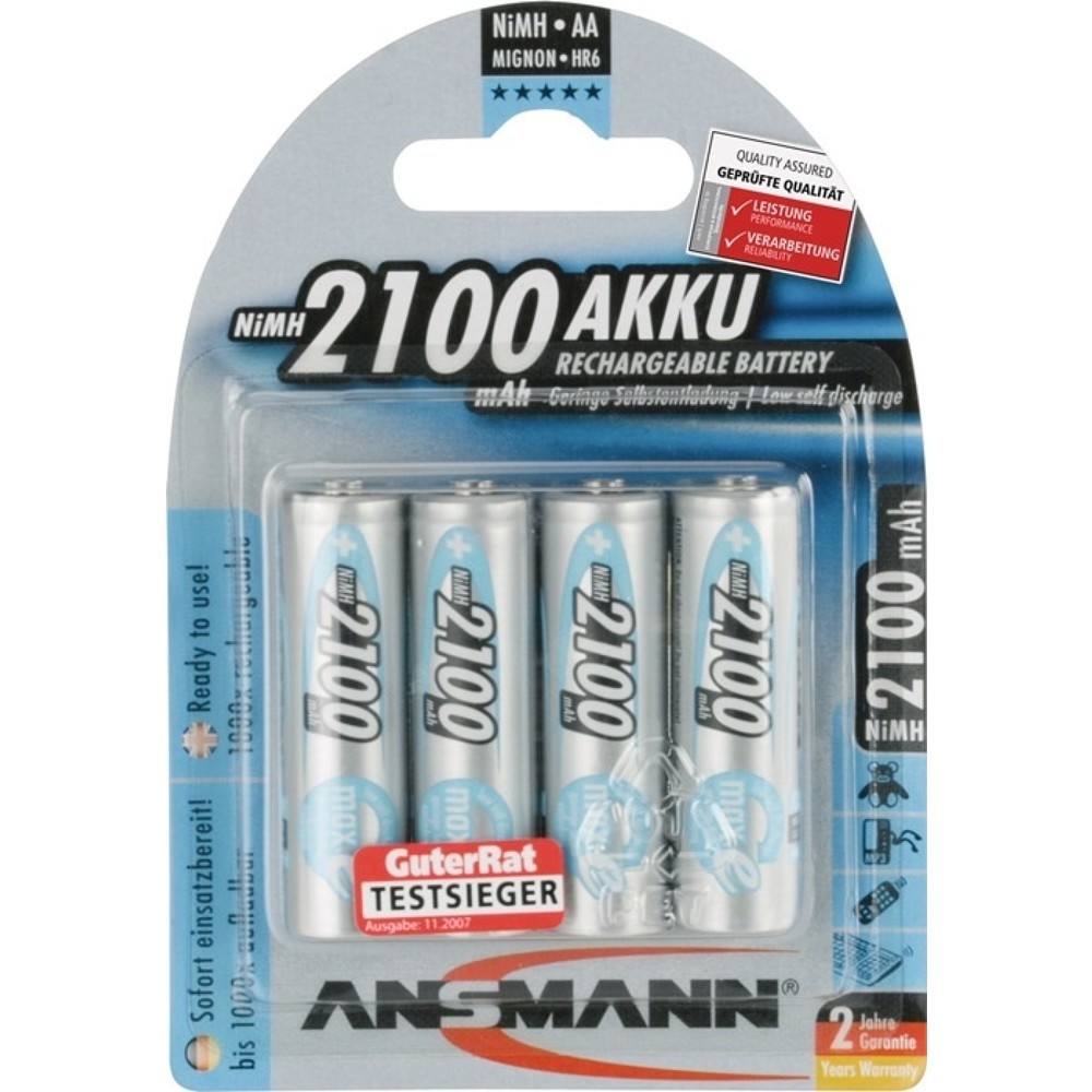Image of  Äquivalenz: R6-AA-MignonANSMANN Akkuzelle maxE, R6-AA-Mignon HR6, 1,2 V 2100 mAh, 4St./Blister, 4 ANSMANN Akkuzelle maxE, R6-AA-Mignon HR6, 1,2 V 2100 mAh, 4St./Blister, 4