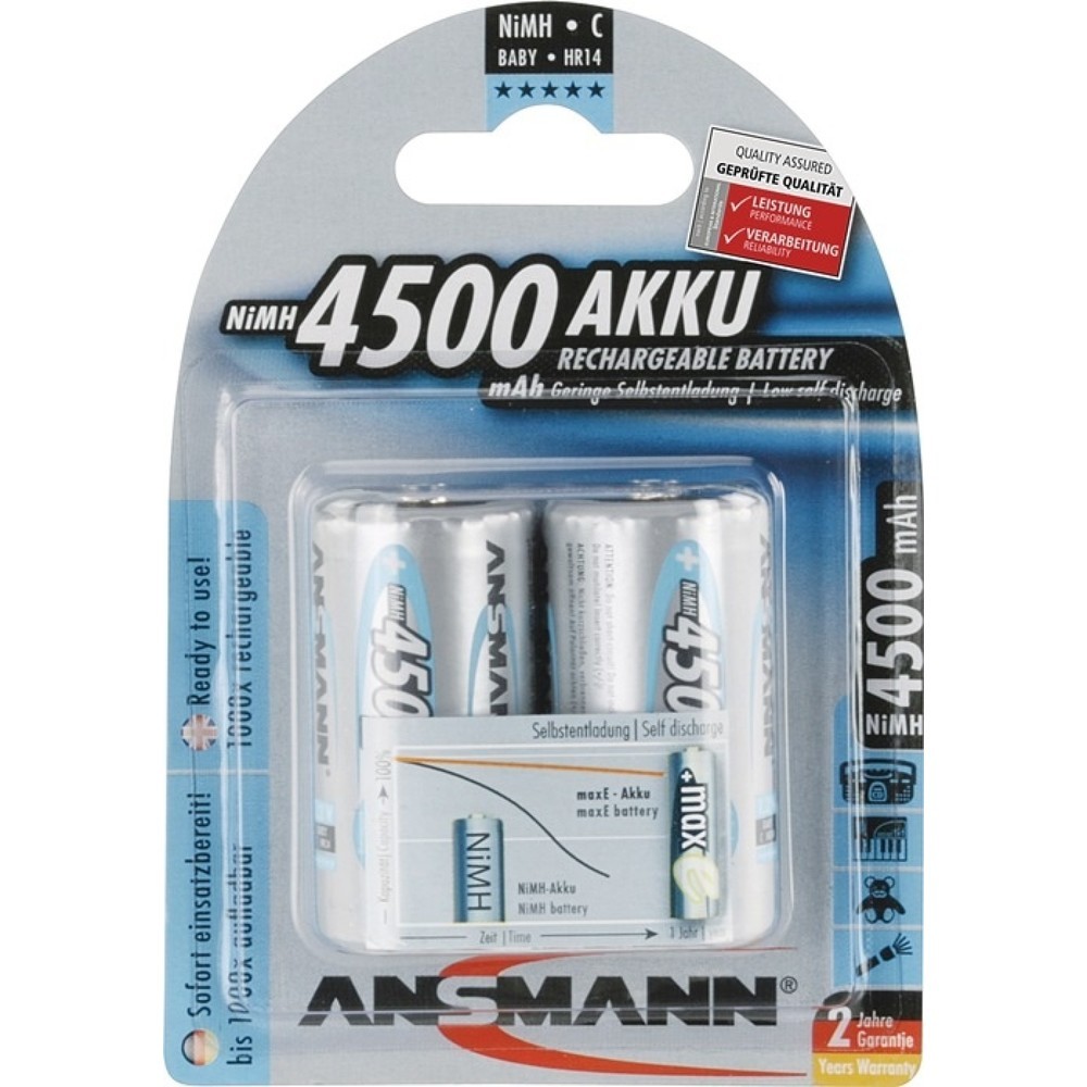 Image of  Äquivalenz: R6-AA-MignonANSMANN Akkuzelle maxE, R14-C-Baby HR14, 1,2 V 4500 mAh, 2St./Blister, 2 ANSMANN Akkuzelle maxE, R14-C-Baby HR14, 1,2 V 4500 mAh, 2St./Blister, 2