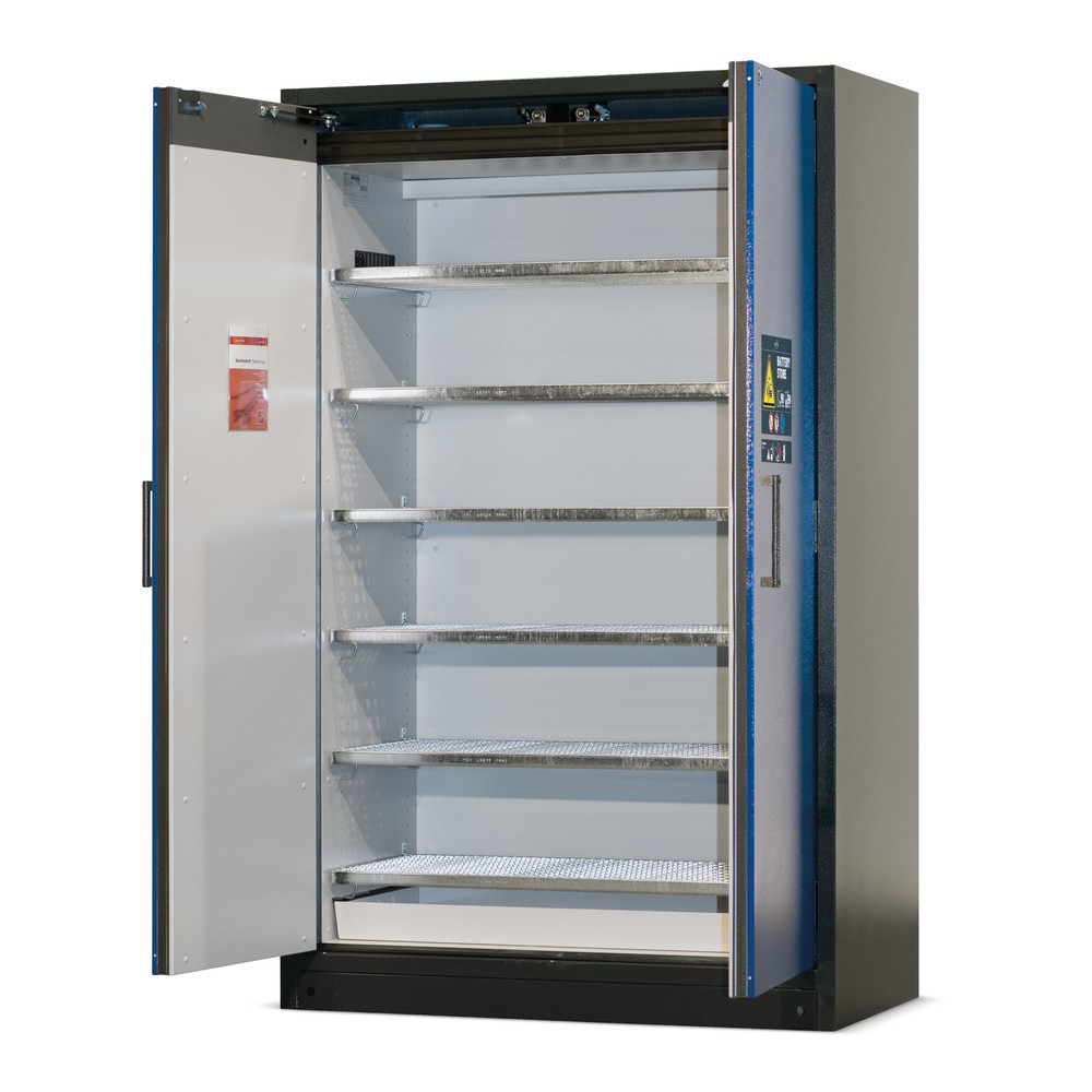 Image of Akkus brandgeschützt aufbewahren mit dem asecos® Akku-Sicherheits-Lagerschrank Battery Store Der asecos® Sicherheitsschrank Battery Store bietet zahlreiche Features für eine geschützte und komfortable Lagerung von Lithium-Ionen-Batterien. Die Gitterrostbö