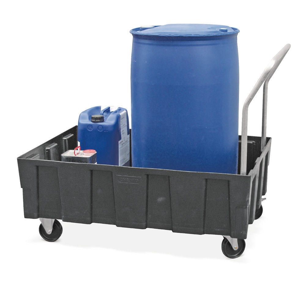 Image of Verfahrbare Kunststoffwanne für sicheren Fass-Schutz Fässer mit wassergefährdenden Flüssigkeiten brauchen einen sicheren Lagerplatz. Die verfahrbare Auffangwanne CEMO Euro-PE bietet diesen Platz und hochwertiges Polyethylen als Auslaufschutz. Hohe chemisc