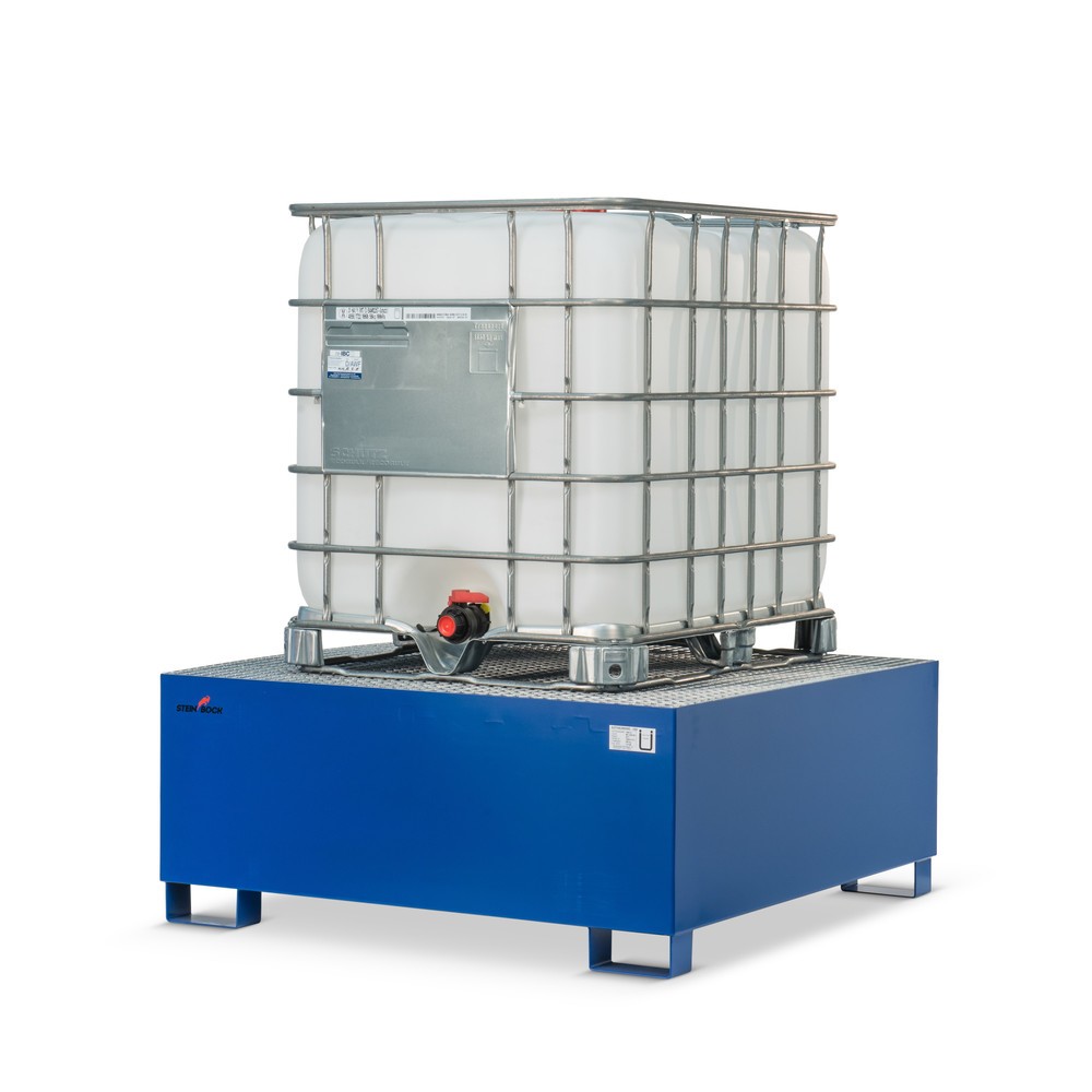 Image of Robuste Auffangwanne mit ÜHP-Zulassung und Stützfüssen Die Auffangwanne Steinbock® aus Stahl für KTC/IBC, unterfahrbar wurde aus dicht geschweisstem Stahlblech gefertigt und für den Einsatz im Innen- oder überdachten Aussenbereich vorgesehen. Die Auffangw