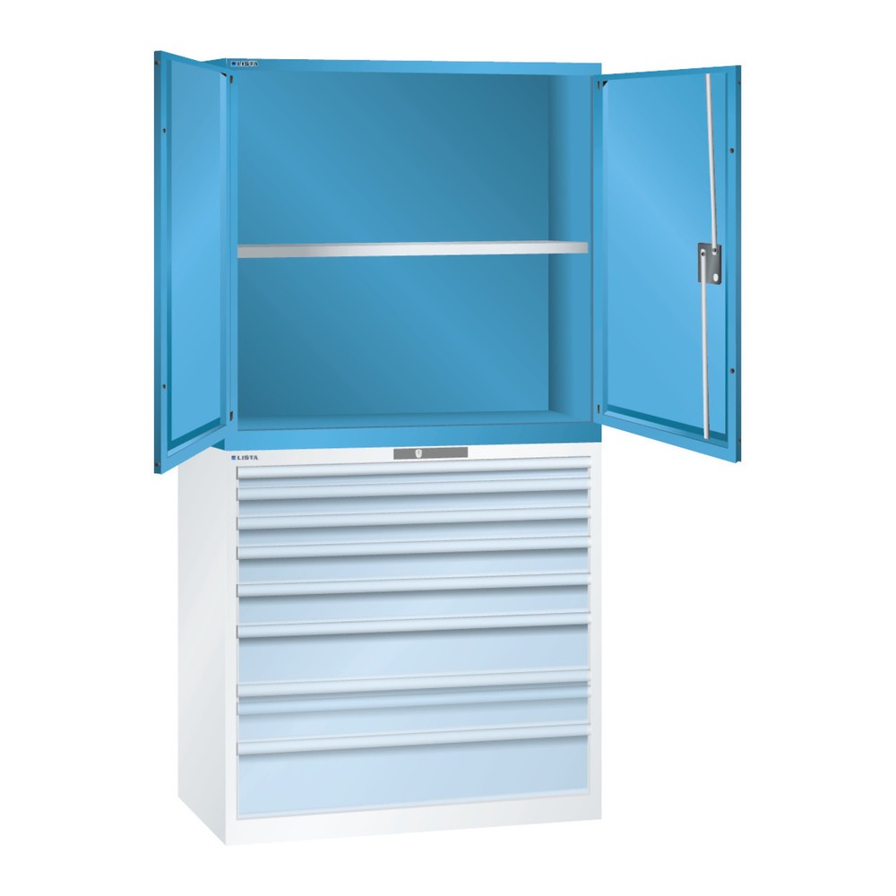 Image of Flexibel anpassbarer Aufsatz für Schubladenschrank LISTA Die Pulverbeschichtung des Aufsatz-Flügeltürschranks für Schubladenschrank LISTA bewahrt die schlag- und abriebfeste Oberfläche vor Korrosion und Kratzern. Aufbewahrte Gegenstände werden durch das g