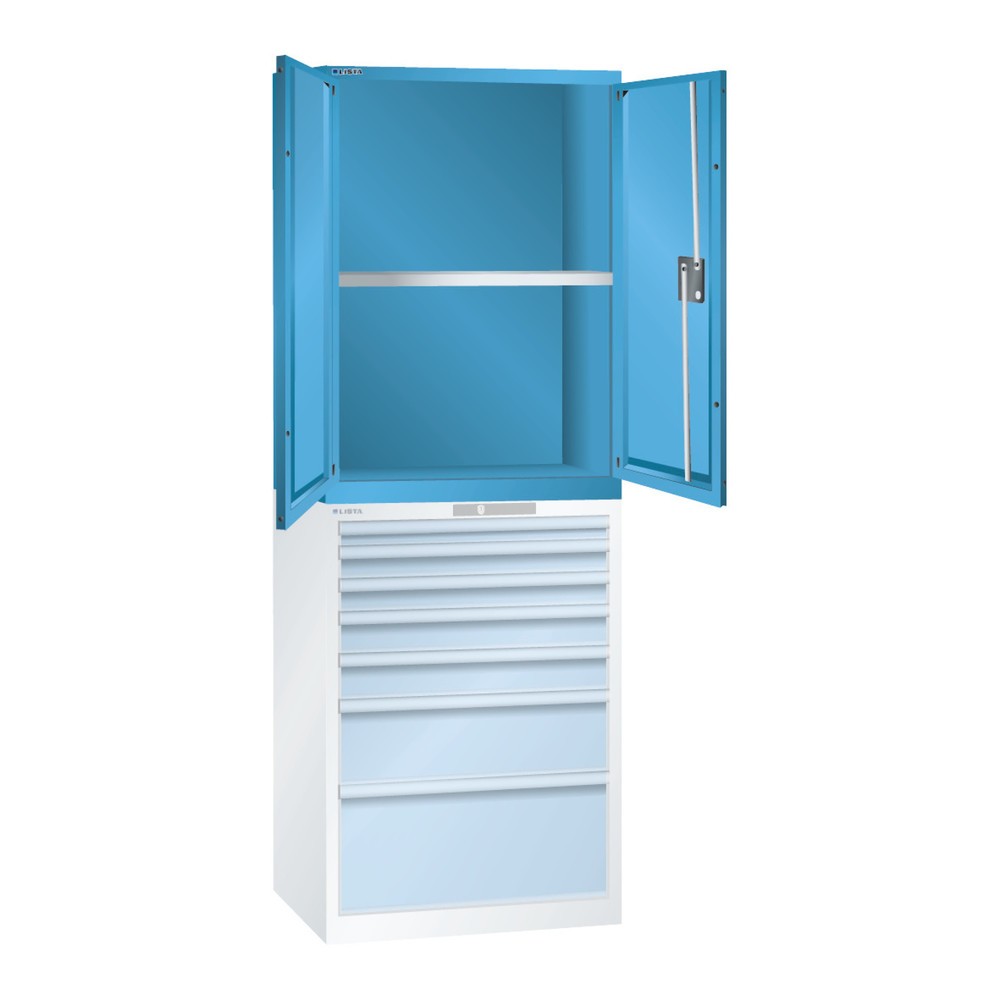 Image of Flexibel anpassbarer Aufsatz für Schubladenschrank LISTA Die Pulverbeschichtung des Aufsatz-Flügeltürschranks für Schubladenschrank LISTA bewahrt die schlag- und abriebfeste Oberfläche vor Korrosion und Kratzern. Aufbewahrte Gegenstände werden durch das g