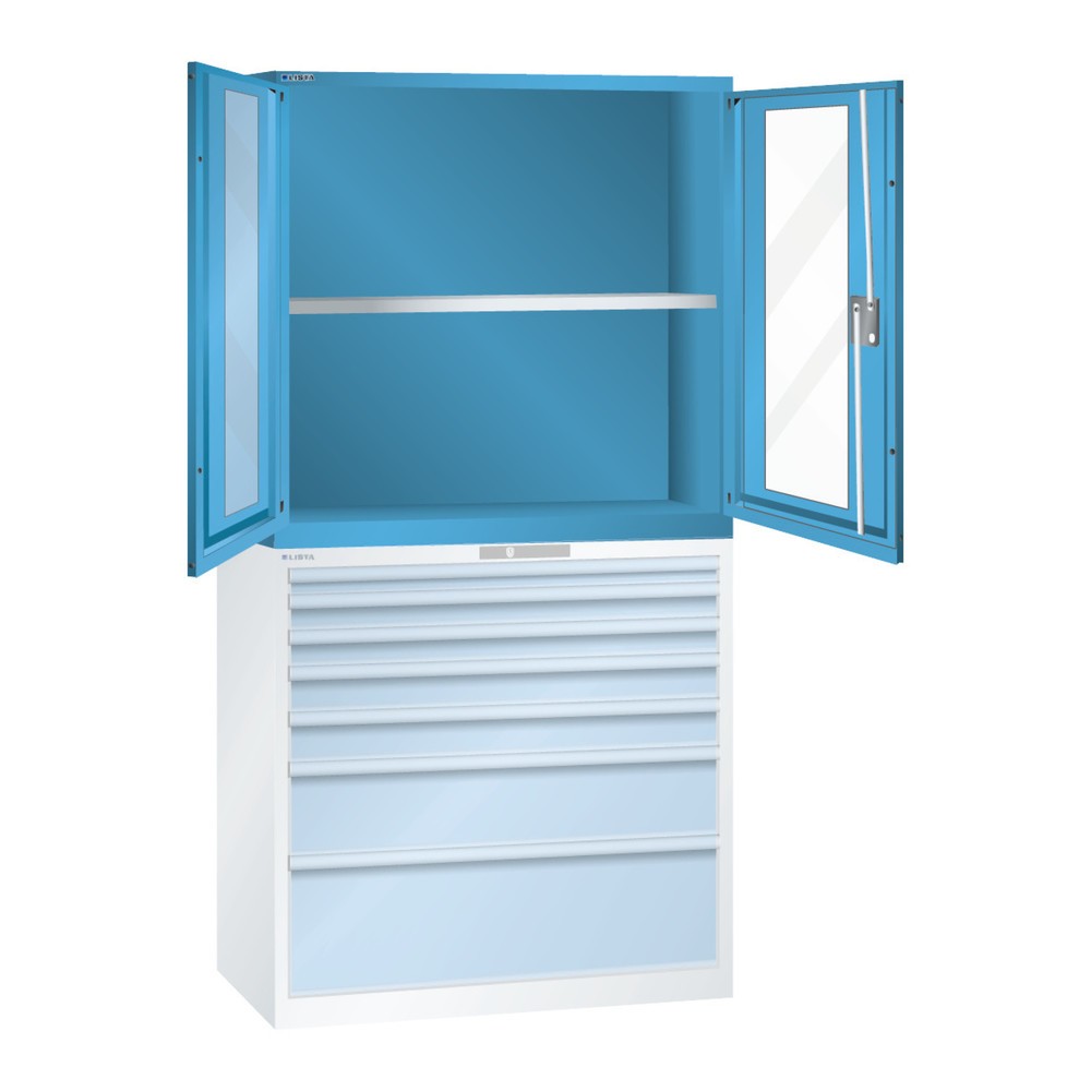 Image of Für mehr Transparenz im Büro Schrankaufsätze mit Sichtfenster Flügeltüren mit Sichtfenster UV-beständigem, bruchsicherem Acrylglas sorgen für perfekte Übersicht über gelagerte Waren. Aufbewahrte Gegenstände werden durch das geschlossene Gehäuse des Aufsat