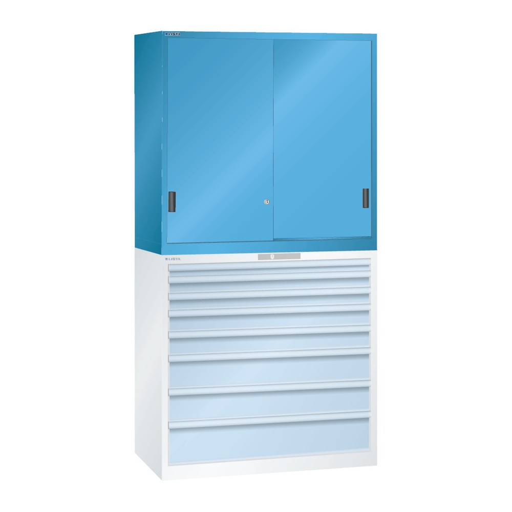 Image of Flexibel anpassbarer Schrankaufsatz Die Pulverbeschichtung des Aufsatz-Schiebetürschranks für Schubladenschrank LISTA bewahrt die schlag- und abriebfeste Oberfläche vor Korrosion und Kratzern. Aufbewahrte Gegenstände werden durch das geschlossene Gehäuse 