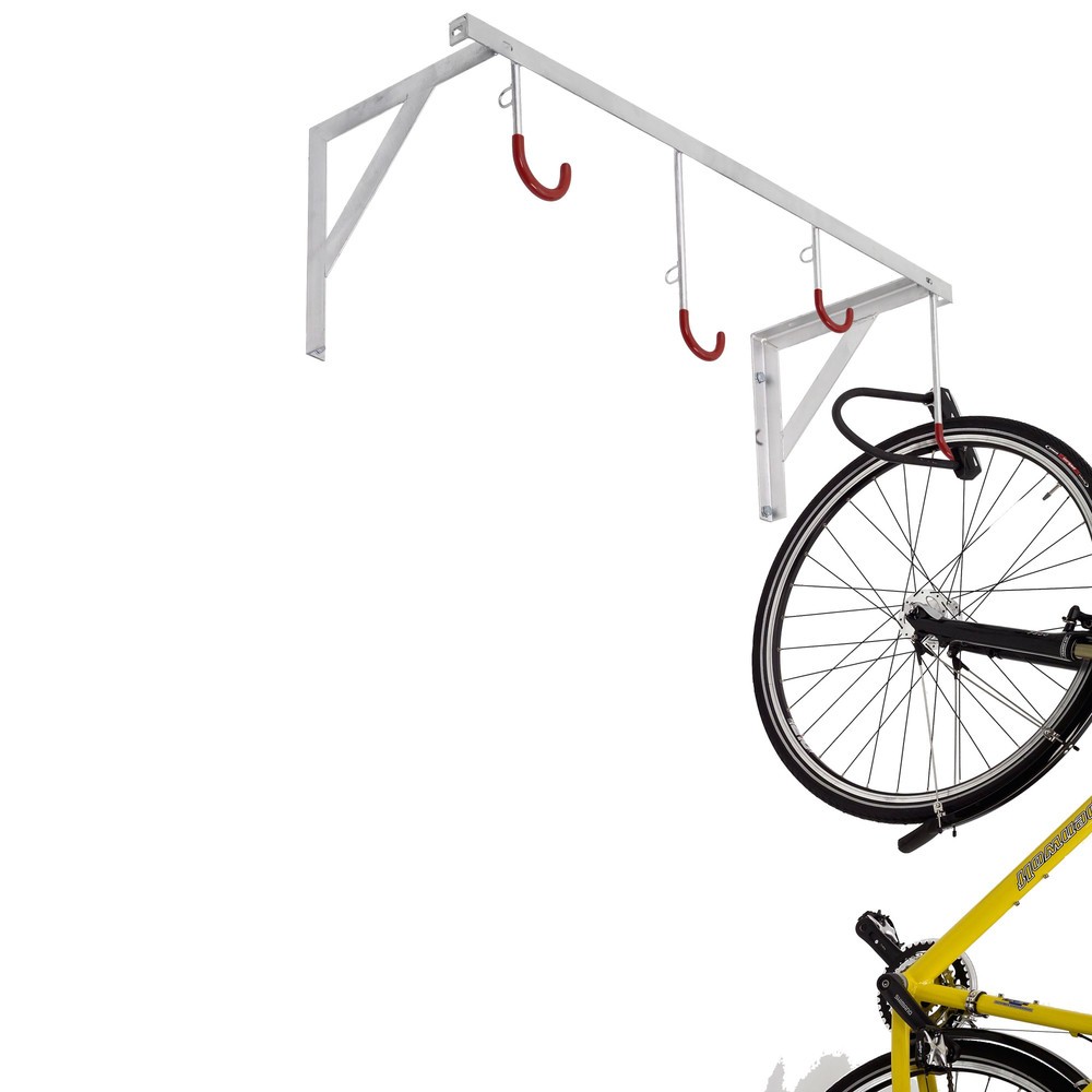 Image of  Durch höhenversetzte Tief- / Hochaufhängung Hakenbestand mm: 350; Empfohlene Hakenhöhe mm: ca. 2000; Stellraumtiefe bei hängendem Fahrrad nur 1100 mm; Länge mm: 1200; Stellplätze: 4; Zerlegte Anlieferung – leichte Montage, Aufbauanleitung im Lieferumfang