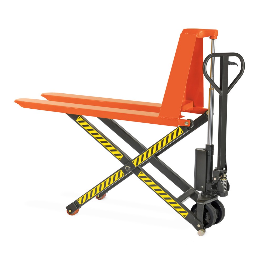 Image of Scherenhubwagen BASIC für ergonomisches Arbeiten in rückenschonender Arbeitshöhe Der Scherengabelhubwagen kann als Handhubwagen, Hubtisch, Bereitstelltisch oder Werkbank genutzt werden. Mit dem manuellen Scherenhubwagen BASIC können Sie Paletten bis 1.000
