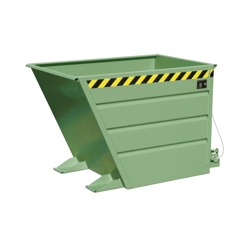 Image of Für sicheren Transport und bequemes Entleeren: der staplerverfahrbare Muldenkipper Typ VG mit Zugseil und Hebelverschluss Bis zu 1.000 kg Ladegut bequem und sicher abkippen: mit dem Kippbehälter Typ VG. Das 2 mm starke gesickte Wannenblech aus Stahl gewäh