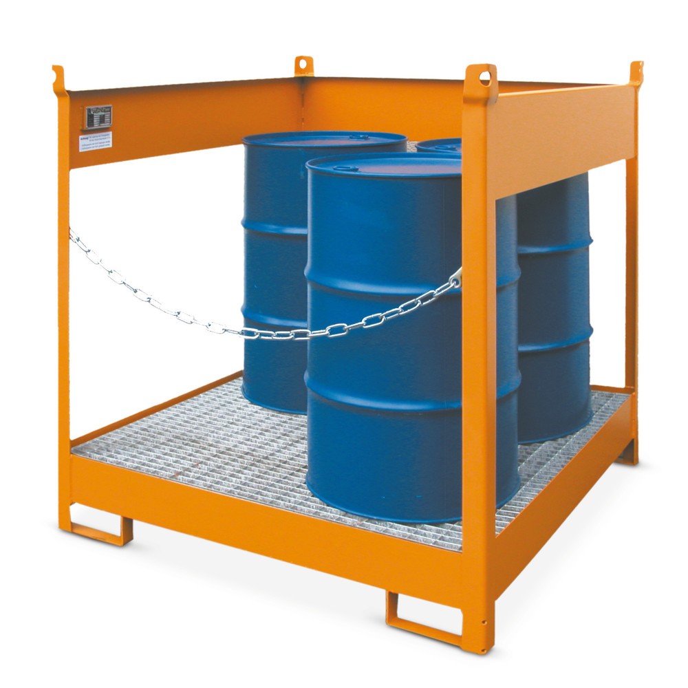 Image of Gefahrstoffe griffbereit und sicher aufbewahren Auf der kompakten Lager- und Transportpalette bewahren Sie Säuren, Laugen und andere gefährliche Stoffe sicher und variabel auf. Je nach Ausführung sorgen 3-seitige Spritzschutzwände oder offene Stützen und 