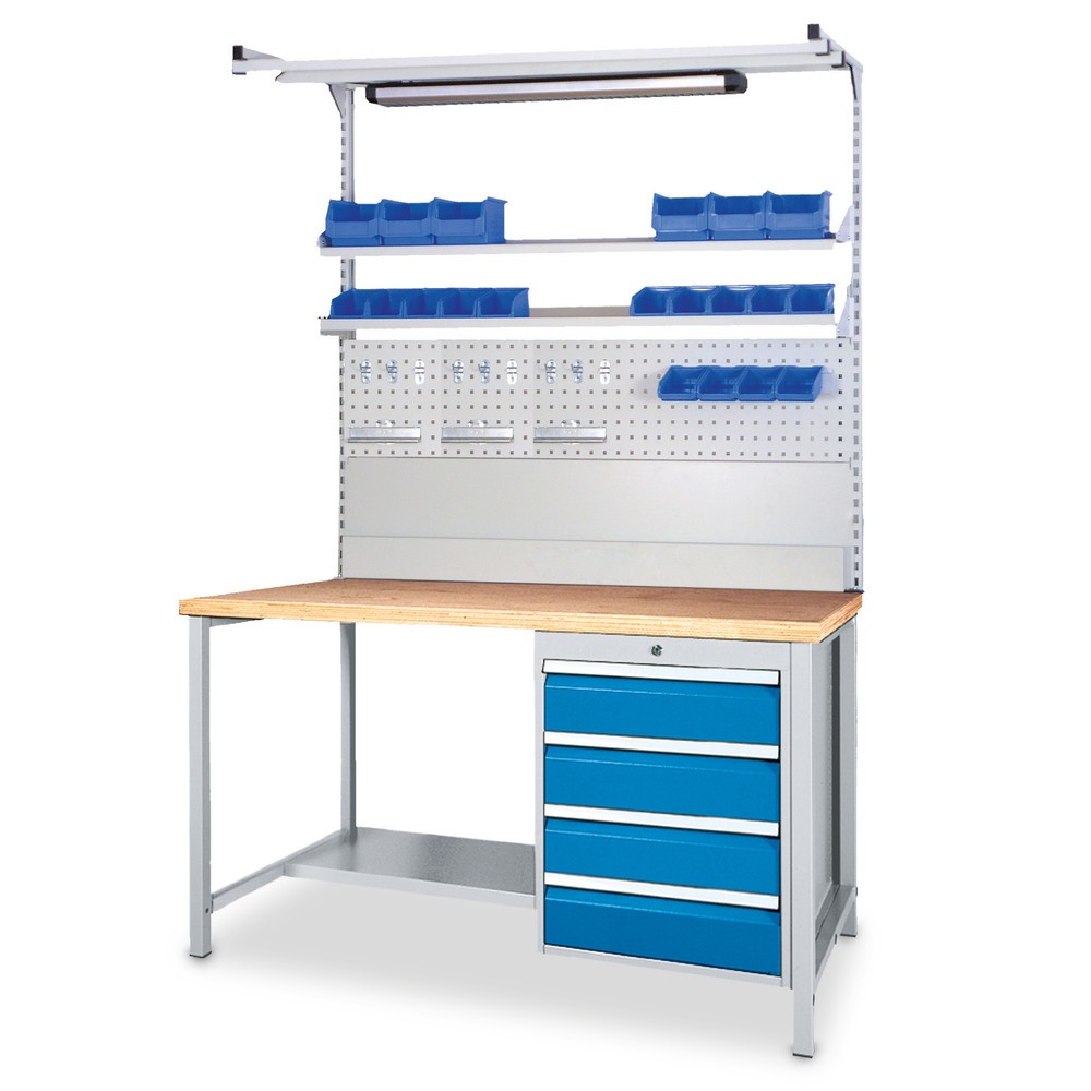 Image of Werkbank mit Stahlblechkonstruktion und praktischer Rückwand Ob im Schreiner- oder Schlosserhandwerk, in Juwelier- oder Uhrmacherbetrieben – eine Werkbank in Stahl-Ausführung ist im Handwerk ein bewährter Standardarbeitsplatz. Die Oberfläche des Werkstatt