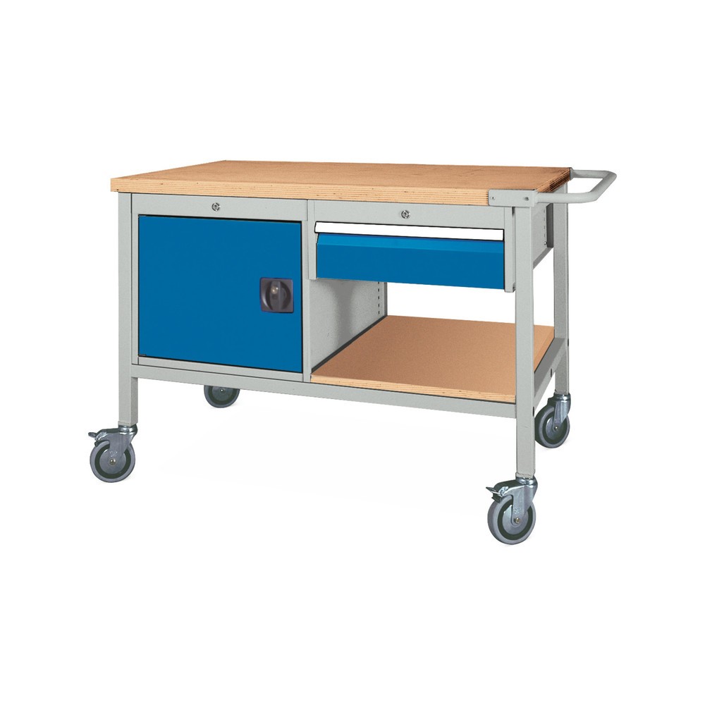 Image of Praktische Werkbank zum komfortablen Arbeiten und Aufbewahren Die mobile Werkbank, 1 Schrank, 1 Schublade ist mit 2 vielschichtig verleimten und wasserfesten Buchenholz-Multiplex Arbeitsplatten ausgestattet, die selbst schwereren Werkzeugen und Maschinen 