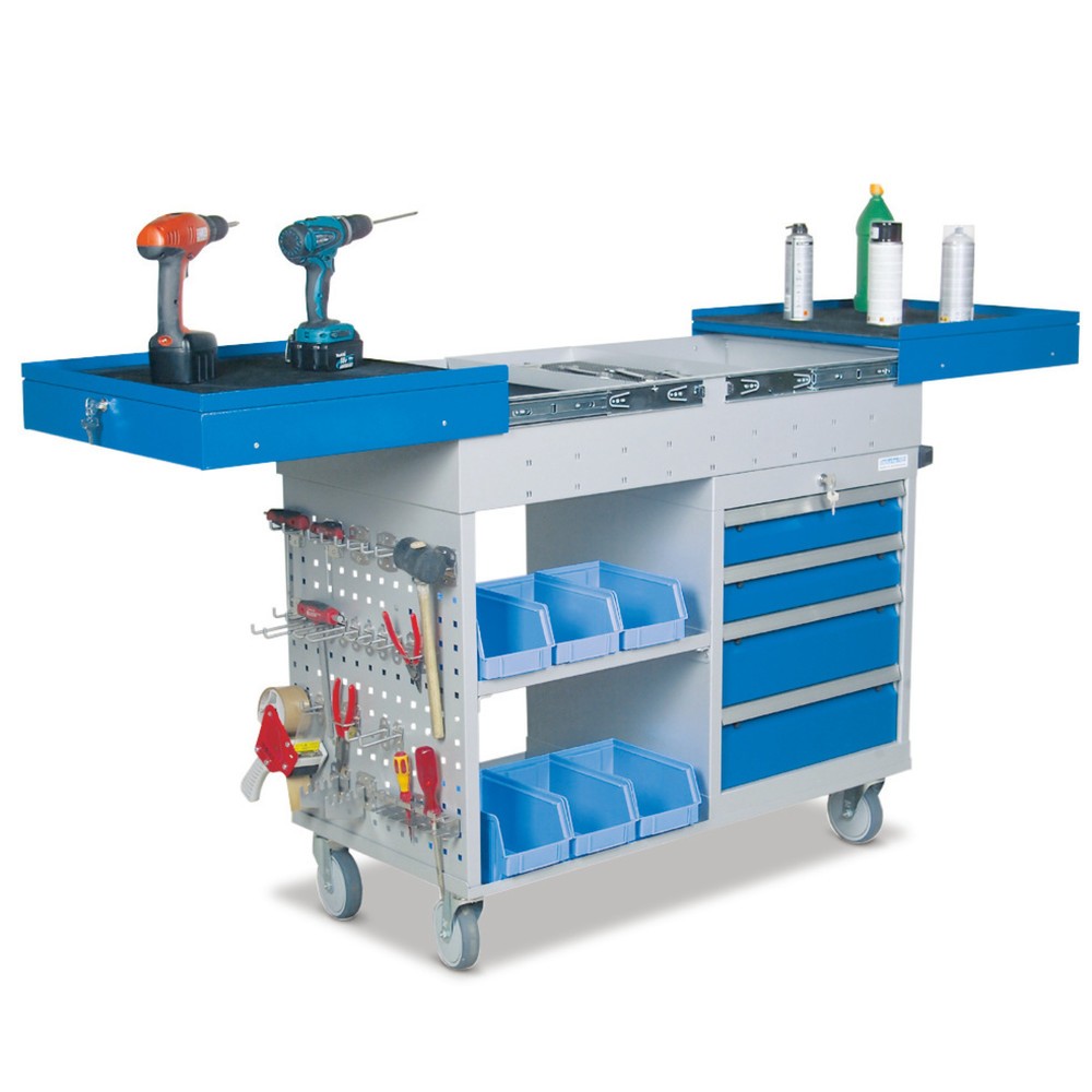 Image of Werkstattwagen mit 4 Schubladen, 2 Ablagen und Teleskopauszug Dieser robuste Werkstattwagen mit Rahmen aus Vierkantrohr und Gehäuse aus geschweisstem Qualitätsfeinblech eignet sich ideal für dauerhafte Beanspruchungen im Arbeitsalltag. Damit Ihre Arbeitsu