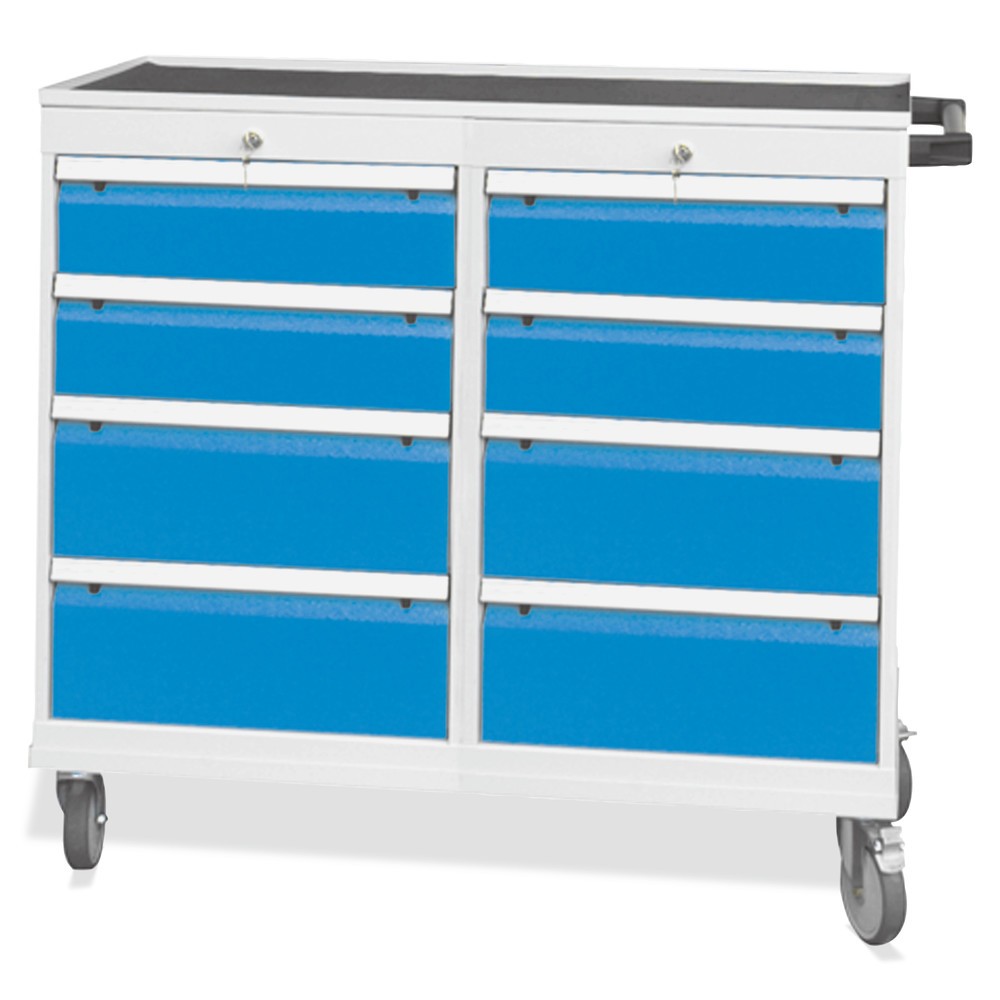 Image of Werkstattwagen mit Schubladen Dieser robuste Werkstattwagen mit Rahmen aus Vierkantrohr und Gehäuse aus geschweisstem Qualitätsfeinblech eignet sich ideal für dauerhafte Beanspruchungen im Arbeitsalltag. Damit Ihre Arbeitsutensilien sicher auf der Oberflä