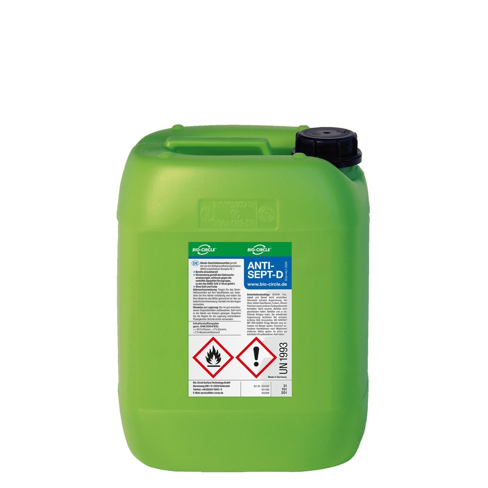 Image of ANTISEPT-D Handdesinfektion für Hygieneschutz in Industriebetrieben Sicher arbeiten trotz Corona und Co.: Für hygienisch saubere Abläufe in Industrie- und Handel bietet Ihnen das BIO-CIRCLE Hände-Desinfektionsmittel ANTISEPT-D effektiven Schutz – ob vor V