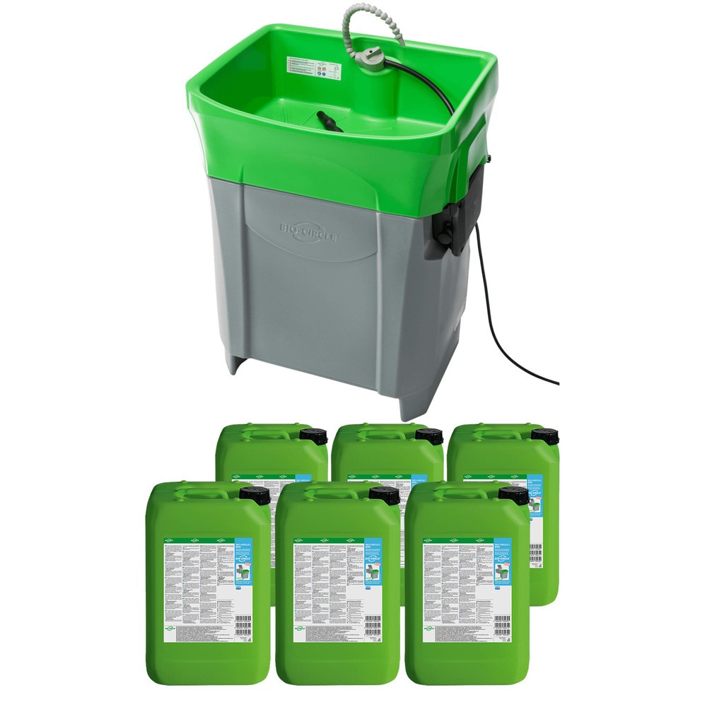 Image of Stark gegen Schmutz, sanft zur Umwelt: das BIO-CIRCLE Starter-Set Teilereiniger GT Compact u. L Evo Mithilfe dieses Sets bestehend aus dem BIO-CIRCLE GT Compact Pinselwaschtisch und einer Erstbefüllung mit dem Reiniger L Evo (6x 20 l) säubern Sie stark ve