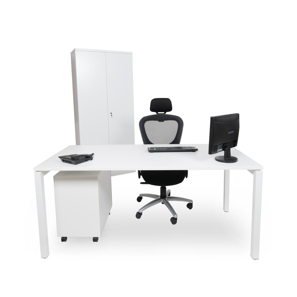 Image of Büromöbel-Set bestehend aus Rollcontainer Simplify, HxBxT 62x42x60 cm, weiss RAL 9016, 3+1 Schubladen, Bürotisch Simplify, rechteckig, HxBxT 75x180x80 cm, Gestell weiss RAL 9016 und Büroschrank Simplify, HxBxT 195x92x42 cm, Farbe weiss RAL 9016, 5OH, 4 Fa