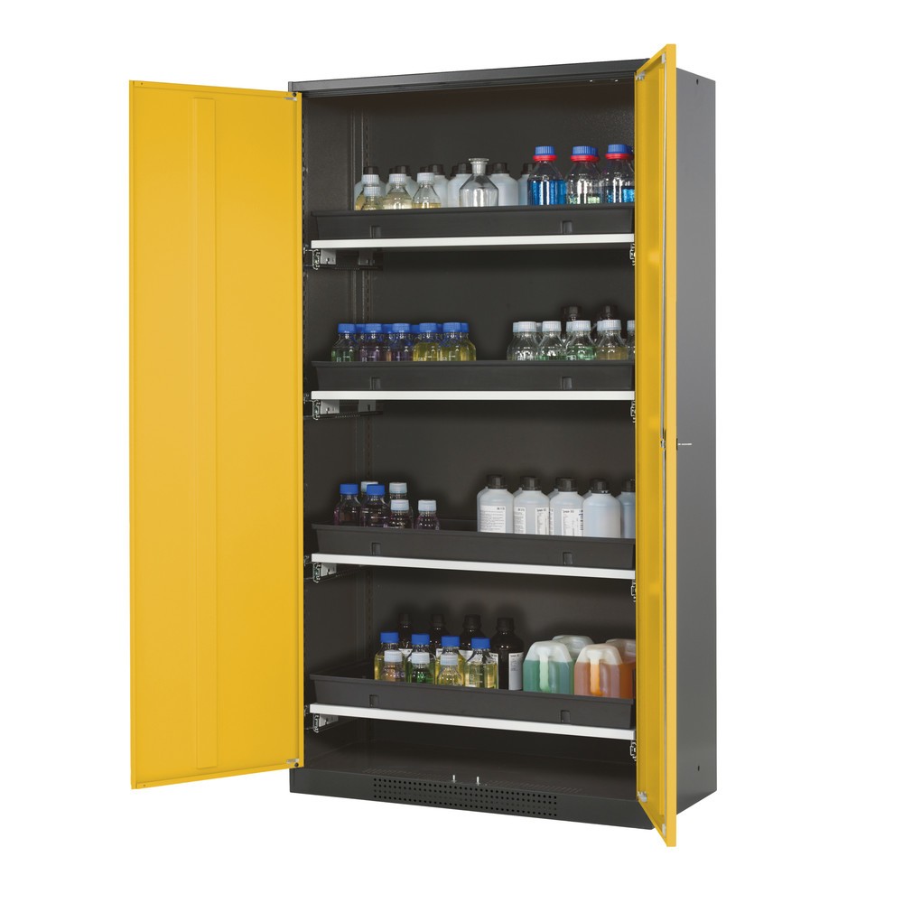 Image of Gefährliche Güter sicher lagern: im Chemikalien- und Giftschrank asecos® mit Tablarauszügen Clever konzipiert – und das auf allen Ebenen: So präsentiert sich der Chemikalien- und Giftschrank asecos® mit Tablarauszügen beim Einsatz in Arbeitsräumen. Im Sch