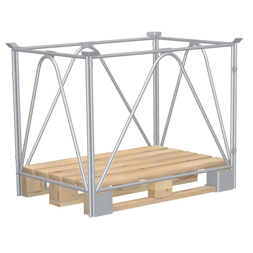 Image of Stahlrohr-Rahmenkonstruktion, besonders geeignet für lange Lasten, 3-fach stapelbar, schnelle Montage. Lackierung lichtblau RAL 5012. Nutzhöhe 1600 mm, Auflast 2000 kg, Palettenmasse 1200x800 mm, verzinkt.CORDES Palettenaufsatz, 4 Diagonalrohre, für Euro-