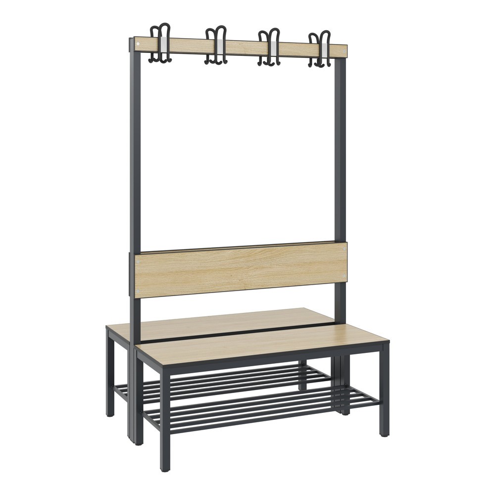 Image of Die doppelseitige C+P Umkleidesitzbank Basic Plus mit 1.000 mm Länge, Rückenlehne und 2x4 Doppelhaken – perfekt geeignet für Schwimmbäder, Sporthallen und weitere Feuchträume Doppelseitige Garderobenbänke mit Rückenlehne von C+P sind komfortable Sitzgeleg