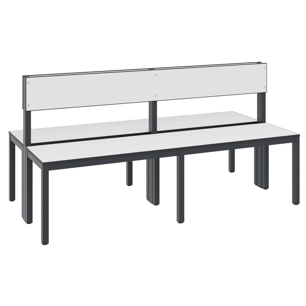Image of Die doppelseitige C+P Umkleidesitzbank Basic Plus mit 1.500 mm Länge und Rückenlehne – perfekt geeignet für Schwimmbäder, Sporthallen und weitere Feuchträume Doppelseitige Garderobenbänke mit Rückenlehne von C+P sind komfortable Sitzgelegenheiten, die den