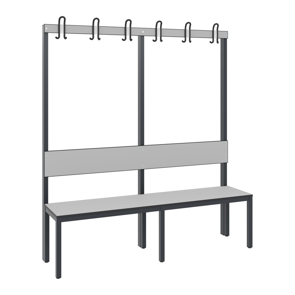 Image of Die einseitige C+P Umkleidesitzbank Basic Plus mit 1.500 mm Länge, Rückenlehne und 6 Doppelhaken – perfekt geeignet für Schwimmbäder, Sporthallen und viele weitere Feuchträume Sitzbänke von C+P sind komfortable Sitzgelegenheiten, die den Kleidungswechsel 