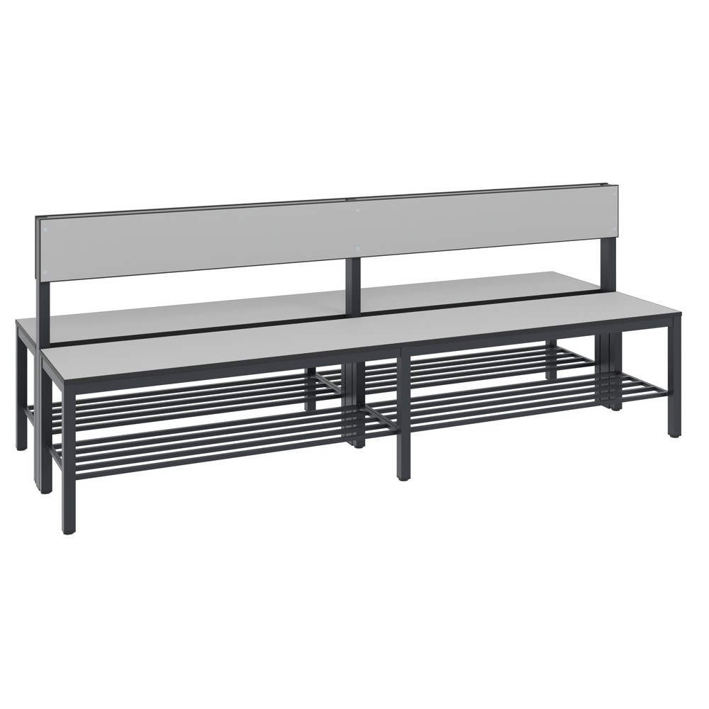 Image of Die doppelseitige C+P Umkleidesitzbank Basic Plus mit einer Länge von 1.960 mm und Rückenlehne – perfekt geeignet für Schwimmbäder, Sporthallen und weitere Feuchträume Doppelseitige Garderobenbänke mit Rückenlehne von C+P sind komfortable Sitzgelegenheite
