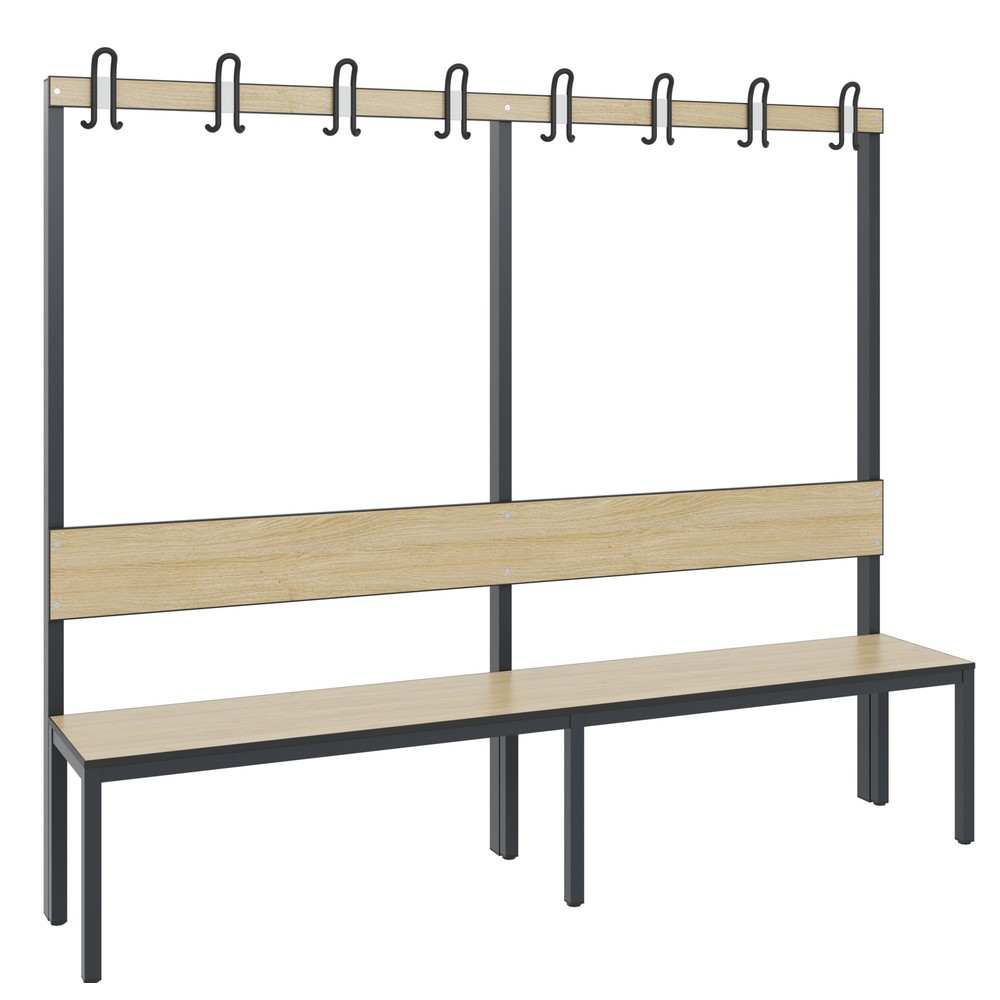 Image of Die einseitge C+P Umkleidesitzbank Basic Plus mit 1.960 mm Länge, Rückenlehne und 8 Doppelhaken – perfekt geeignet für Schwimmbäder, Sporthallen und viele weitere Feuchträume Sitzbänke von C+P sind komfortable Sitzgelegenheiten, die den Kleidungswechsel b