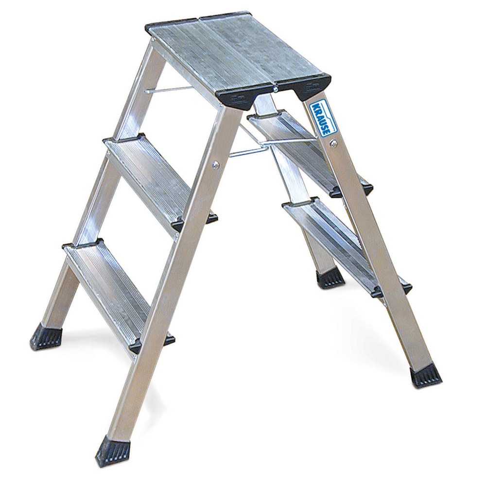 Image of Doppel-Klapptritt KRAUSE® aus Aluminium mit Rollen Dieser Klapptritt-Hocker besteht aus robustem Aluminium und verfügt über eine Tragkraft von 150 kg. Auf 4 bzw. 6 Stufen erreichen Sie eine Arbeitshöhe von 2,45 m. Für einen sicheren Stand sorgt die Anti-R