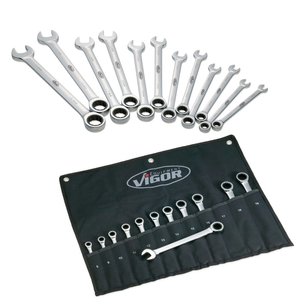 Image of Hochwertiger Doppel-Ringmaulschlüssel-Satz VIGOR® Nutzen Sie passendes Werkzeug, um Rohrverbinder fest an Rohren anzubringen. Diese starken Maulschlüssel mit Ratsche erlauben Ihnen ein schnelles und sicheres Montieren. Die Maulschlüssel mit Ratsche sind i