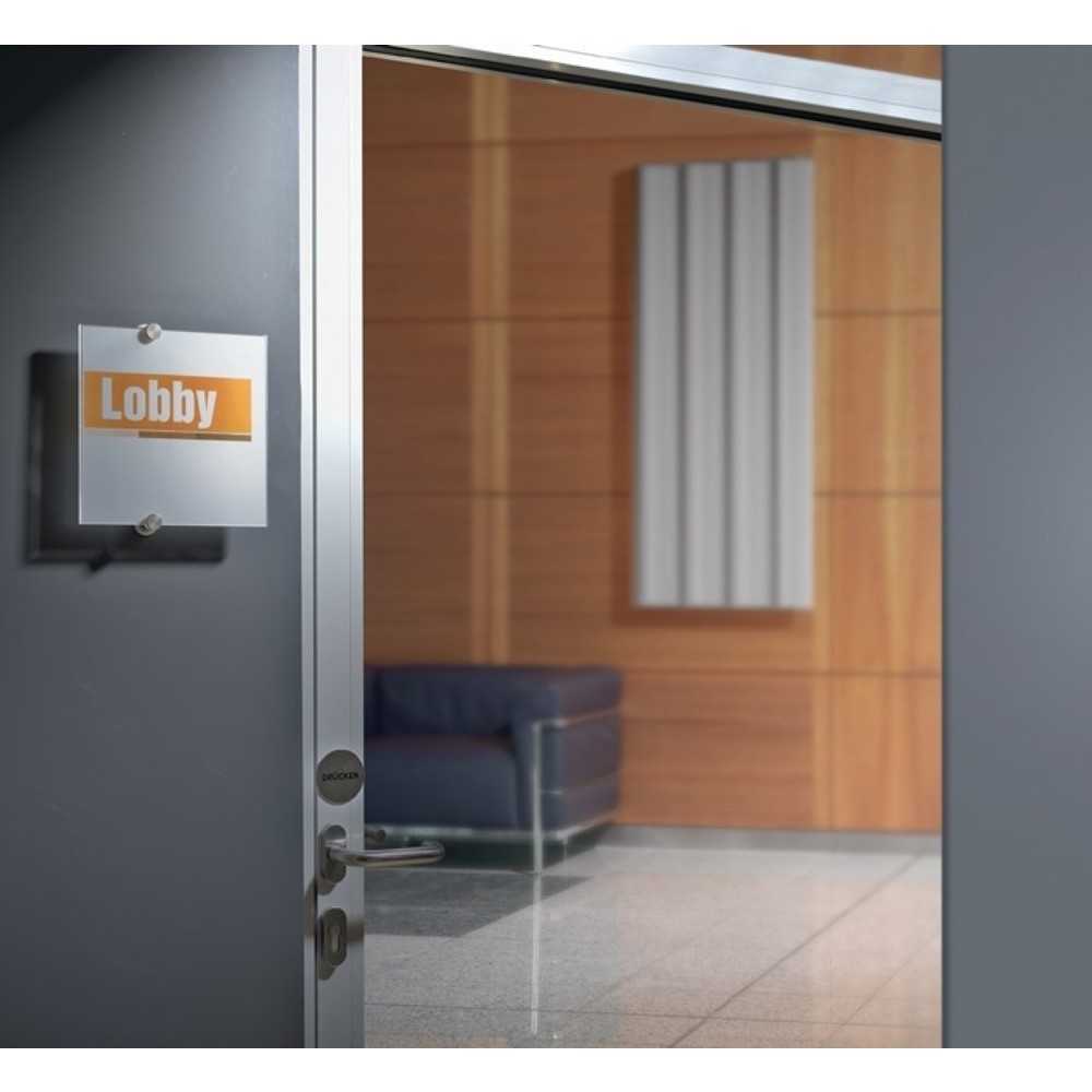 Image of  Folienschilder lassen sich durch eine Perforation leicht aus dem A4-Format trennen und sind Farb- sowie s/w Laserdrucker geeignetDURABLE Tür-/Infoschild, Sichtfenster Acryl, B148xH105mm, Rückenteil Acryl DURABLE Tür-/Infoschild, Sichtfenster Acryl, B148x