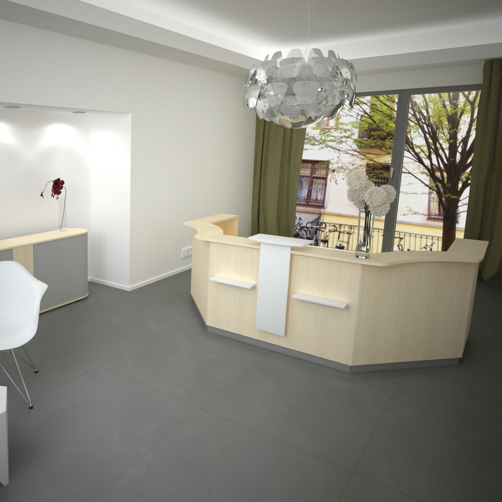 Image of Eckelement für Thekensysteme für Ihren Empfangsbereich Die vordere Front dieser Büro-Empfangstheke verdeckt den Blick auf Dokumente, die sich auf dem Schreibtisch hinter der Theke befinden. Das Eckelement wird in Kombination mit weiteren Thekenelementen z