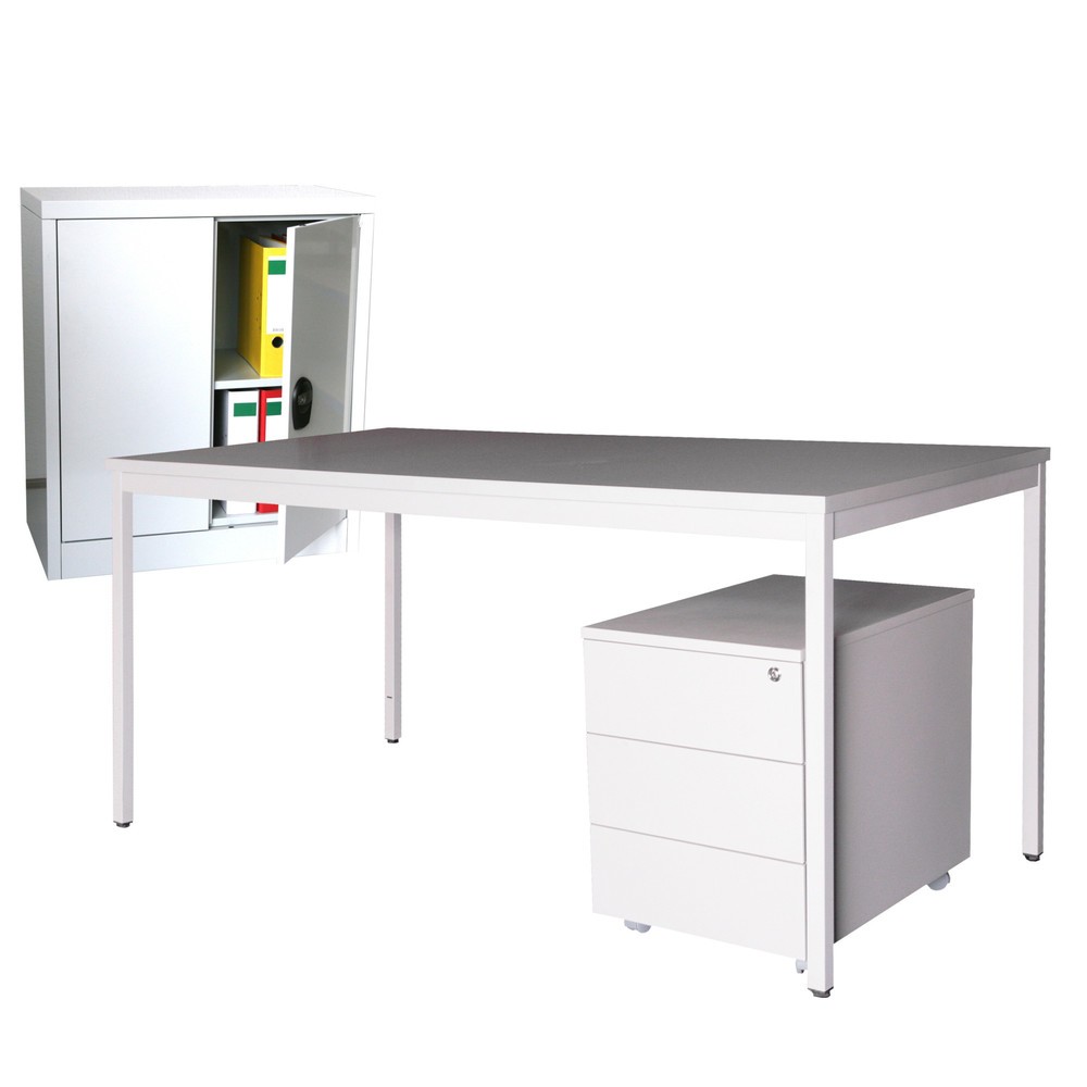 Image of Stabiles Einrichtungs-Set aus Bürotisch, Rollcontainer und Beistellschrank mit variabler Nutzfläche Ob Laptop, Ordner oder Schreibmaterial: Das lichtgraue Einrichtungs-Set von Steinbock® bietet als Kombination aus Schreibtisch, Rollcontainer mit 3 Schubla