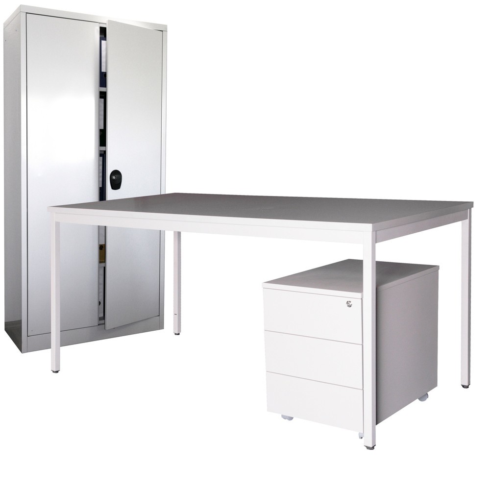 Image of Stabiles Einrichtungs-Set aus Bürotisch, Rollcontainer und Flügelschrank mit variabler Nutzfläche Ob Laptop, Ordner oder Schreibmaterial: Das lichtgraue Einrichtungs-Set von Steinbock® bietet als Kombination aus Schreibtisch, Rollcontainer mit 3 Schublade