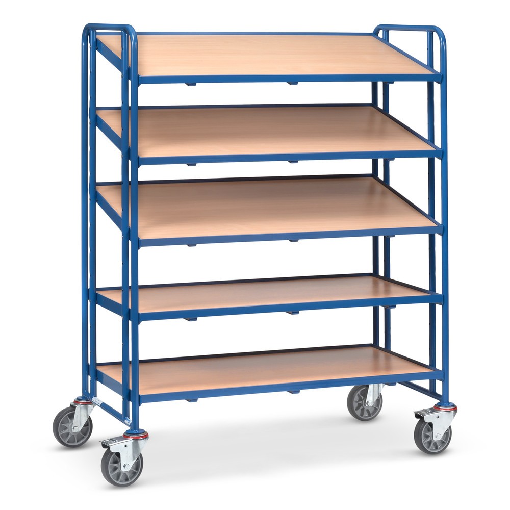 Image of Pulverbeschichteter Eurokasten-Etagenwagen fetra® mit Böden Für den optimalen Überblick und den schnellen Zugriff auf das Ladegut können die Ebenen dieses robusten Etagenwagens an mehreren Positionen und mit einem Neigungswinkel von 15° oder 30° eingesetz