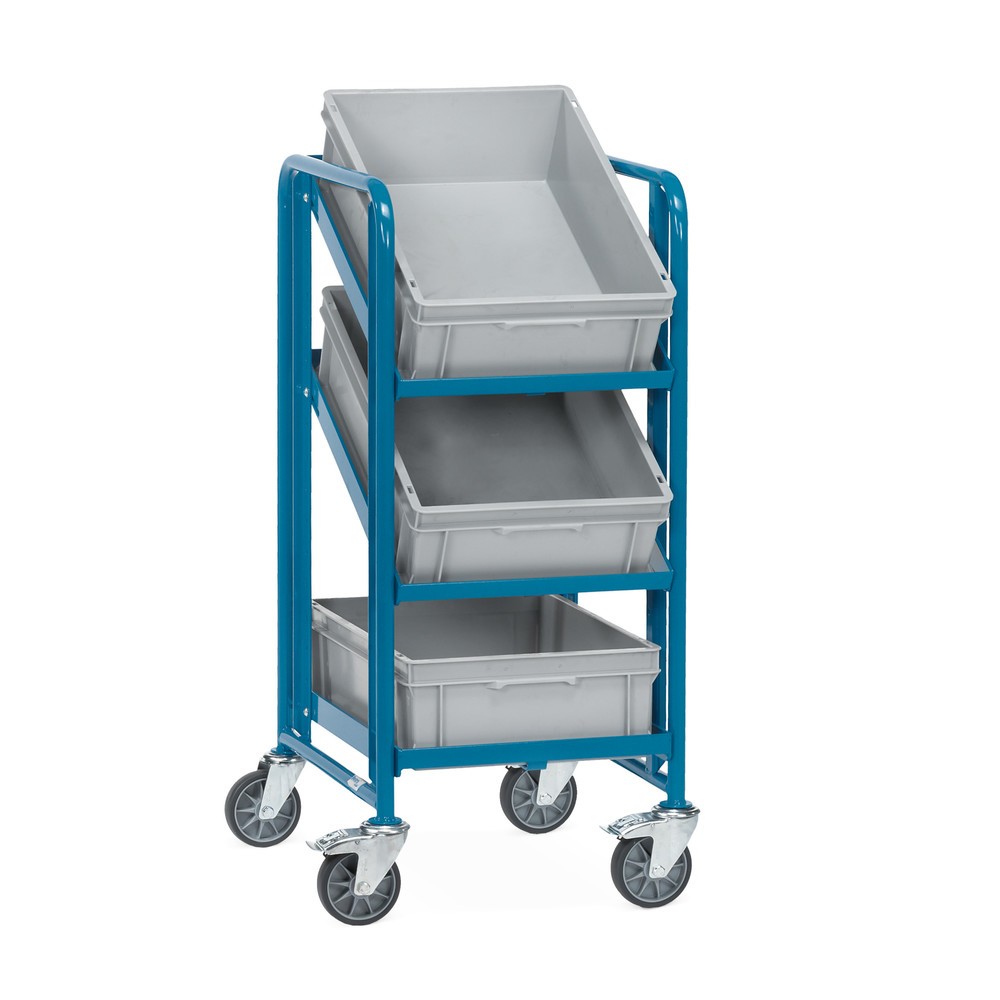 Image of Pulverbeschichteter Eurokasten-Etagenwagen fetra® mit Kästen Für den optimalen Überblick und den schnellen Zugriff auf den Inhalt der mitgelieferten Kästen können die oberen Ebenen dieses robusten Etagenwagens an mehreren Positionen und mit einem Neigungs