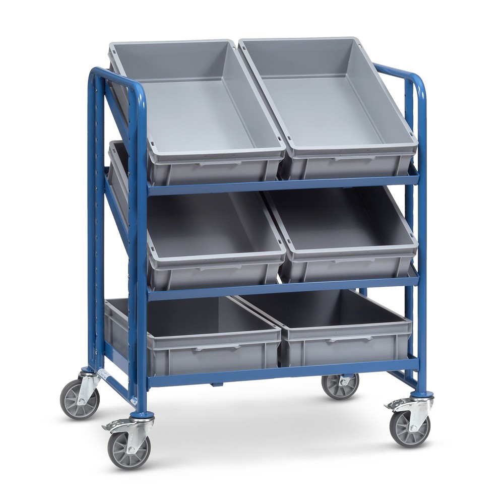 Image of Pulverbeschichteter Eurokasten-Etagenwagen fetra® mit Kästen Für den optimalen Überblick und den schnellen Zugriff auf den Inhalt der mitgelieferten Kästen können die oberen Ebenen dieses robusten Etagenwagens an mehreren Positionen und mit einem Neigungs