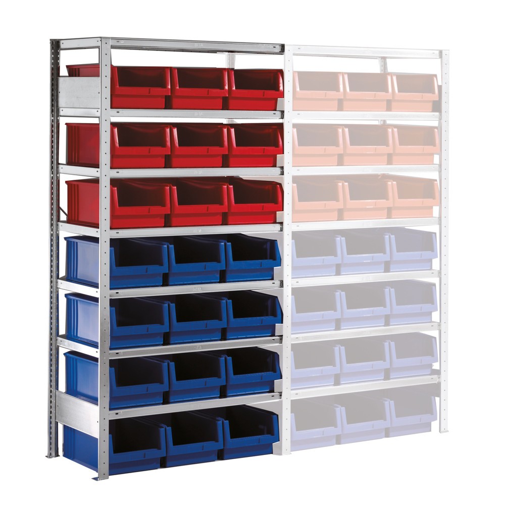 Image of Mehr Lagerfläche mit dem Anbaufeld für das Fachbodenregal META mit Sichtlagerkästen Neben der häufigen Verwendung bei der Kommissionierung von Waren finden sich Regal-Module mit Sichtlagerkästen auch vielfach in Wirtschaft, Handel und Verwaltung. Untersch