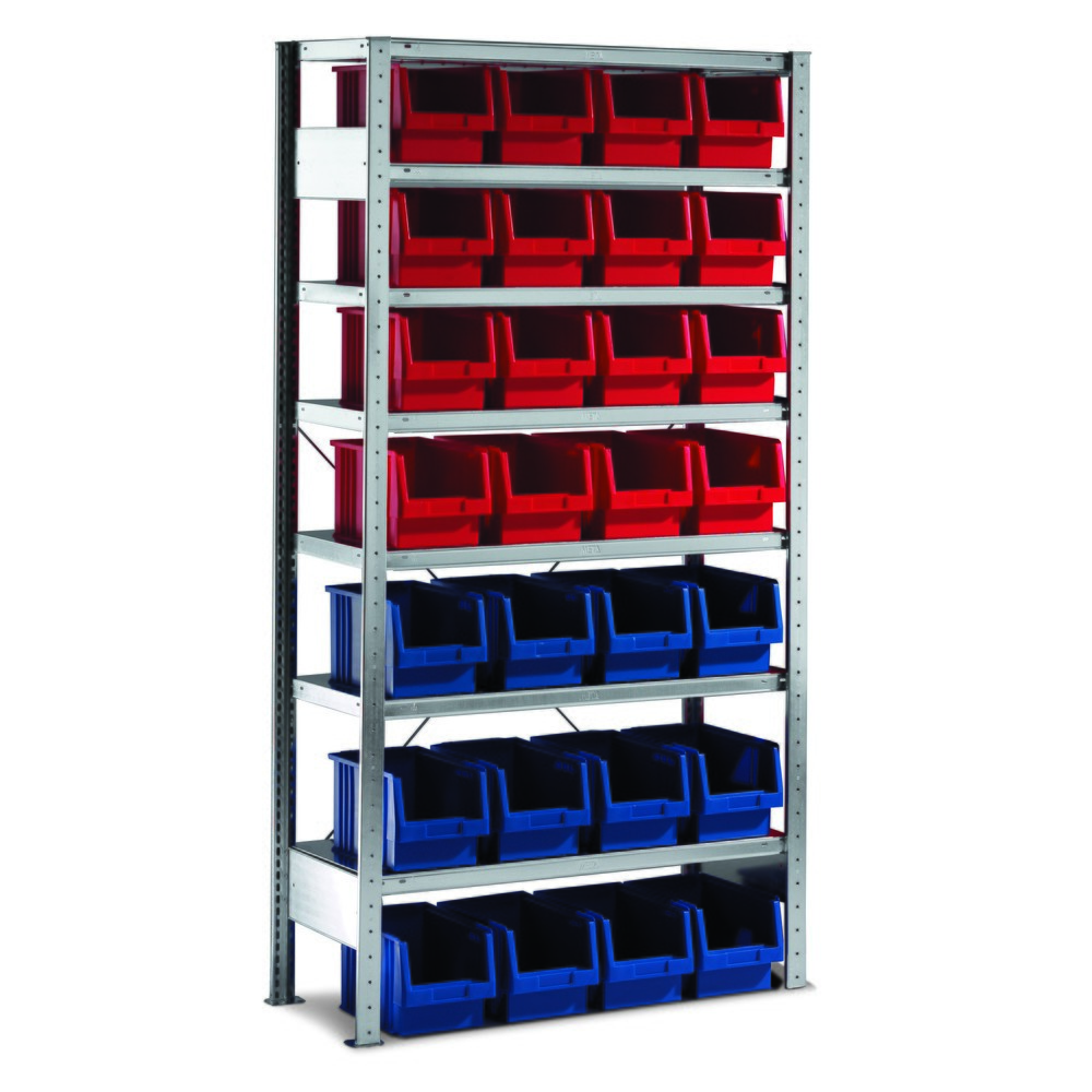 Image of META Fachbodenregal mit Sichtlagerkästen für die saubere Kleinteillagerung Ein Fachbodenregal mit Sichtlagerkästen ist insbesondere bei der Lagerung und Kommissionierung von kleinteiligen Gütern praktisch. Das verzinkte Grundfeld mit Sichtlagerkästen mont