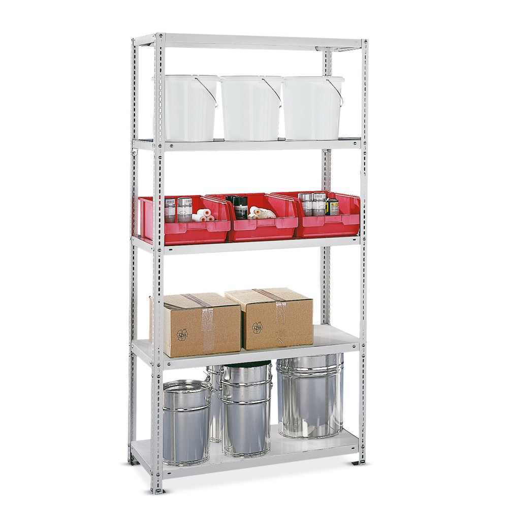 Image of Das verzinkte Schraubregal aus Metall schafft flexiblen Stauraum für Lager und Werkstatt Optimieren Sie betriebliche Arbeitsabläufe durch ein übersichtliches Material- und Warenlager. Mit dem META Fachbodenregal mit Schraubmontage bieten sich Ihnen vielfä