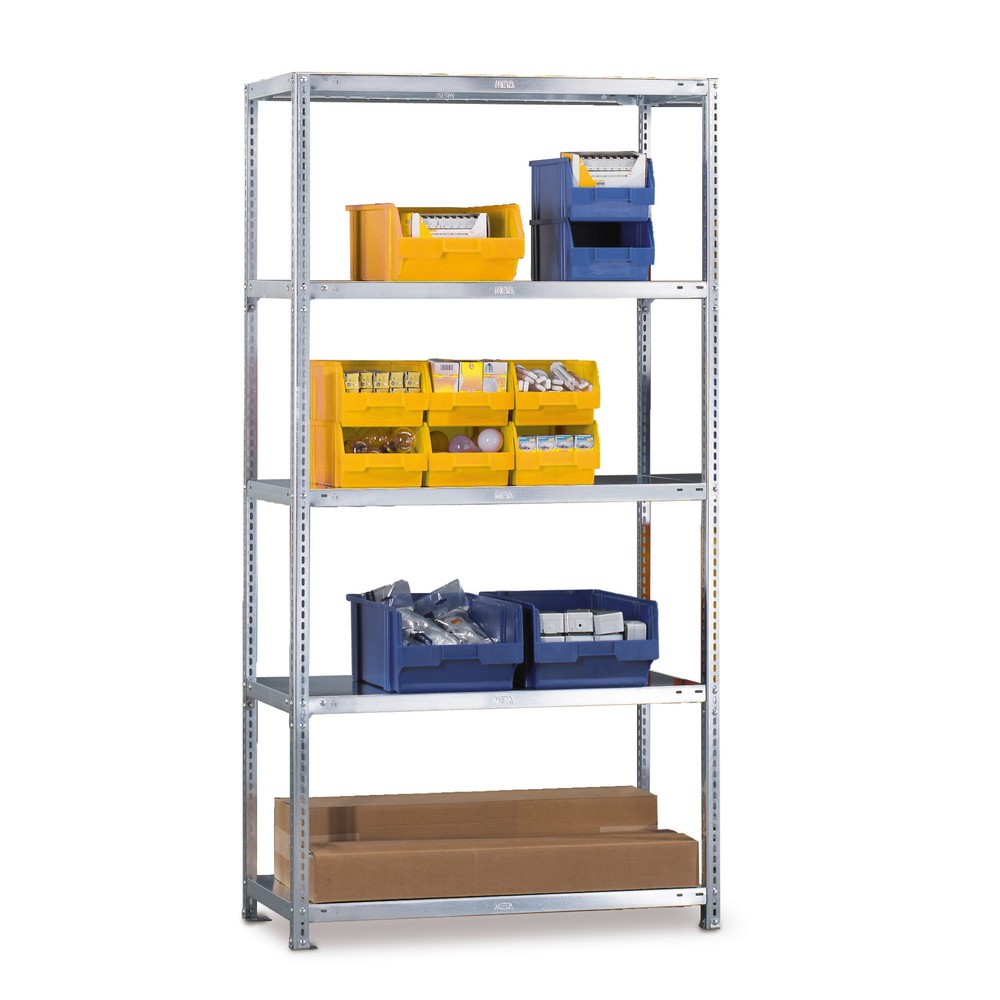 Image of Das verzinkte Schraubregal aus Metall schafft flexiblen Stauraum für Lager und Werkstatt Optimieren Sie betriebliche Arbeitsabläufe durch ein übersichtliches Material- und Warenlager. Mit dem META Fachbodenregal mit Schraubmontage bieten sich Ihnen vielfä