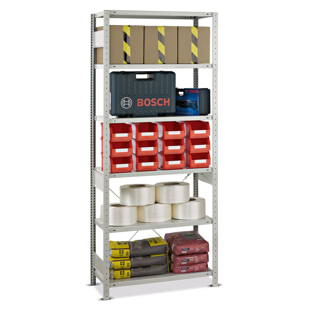 Image of Das Fachbodenregal für ein an Ihren Betrieb angepasstes Lagerungssystem Ein erweiterbares Regal stellt Ihnen genau die Fläche zur Verfügung, die Sie benötigen. Wählen Sie aus den verschiedenen Massen die für Sie passenden aus. Mit dem einfachen, schraublo