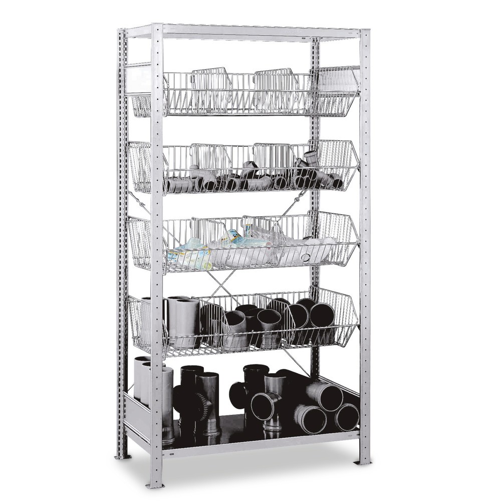 Image of Fachbodenregal mit grobmaschigen Körben mit dem Anbaufeld ausbauen Die Fachbodenregale mit Körben sind besonders praktisch für die Lagerung von Kleinteilen wie Steckmuffen, Formstücke und anderes Stückgut. Erweitern Sie Ihr vorhandenes Regal-Grundfeld mit